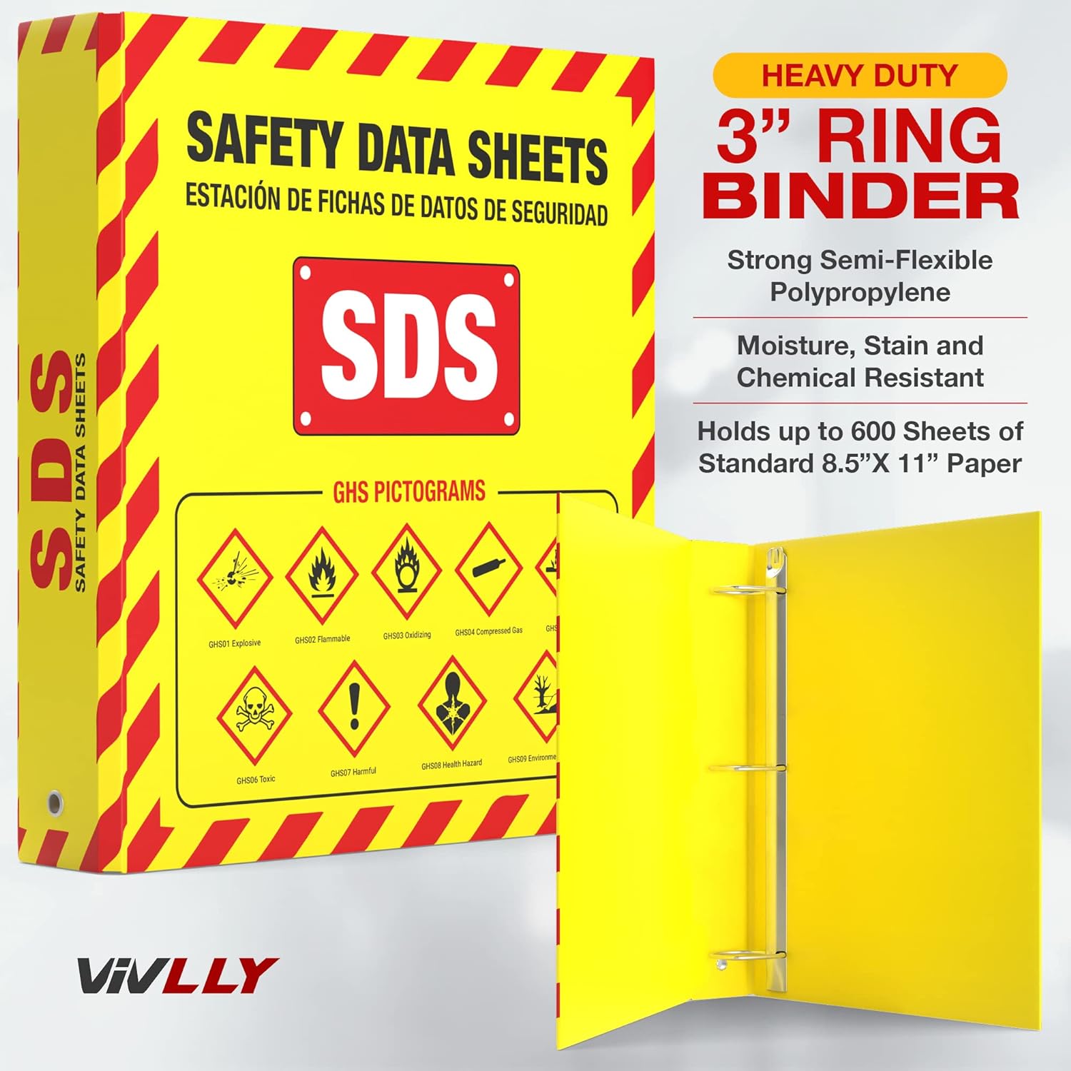 MSDS Wall Station with 3” SDS Binder & Wire Rack, OSHA/GHS Safety Data Sheet Station, Bilingual Labels, Display Sign, Chain & Mounting Hardware