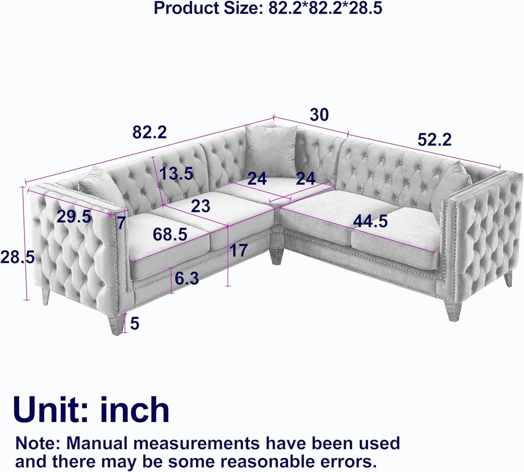 Ball & Cast 82" Velvet Corner Chesterfield Sofa, L-Shaped Sectional Couch with Nailhead Trim & 3 Cushions for Living Room, Bedroom, Apartment, Office,Beige