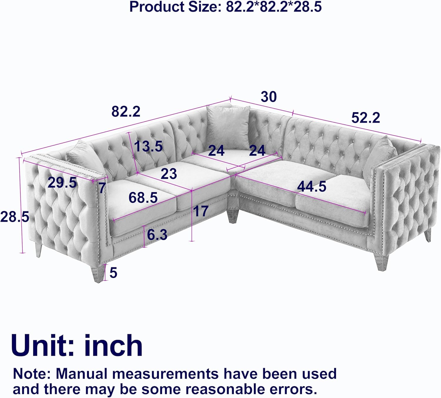 Ball & Cast 82" Velvet Corner Chesterfield Sofa, L-Shaped Sectional Couch with Nailhead Trim & 3 Cushions for Living Room, Bedroom, Apartment, Office,Beige