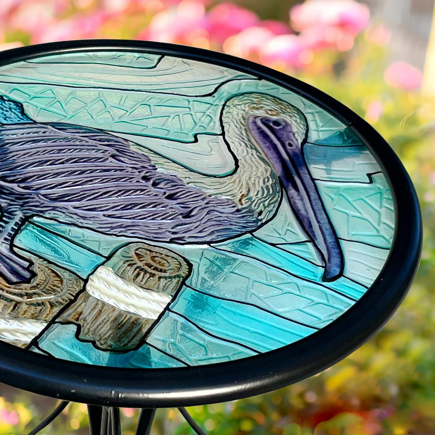 HONGLAND Outdoor Side Table, Small Outdoor Table, 12" Round Patio Side Table End Table, Glass Plant Stand, Small Bistro Coffee Table for Garden Patio Porch Living Room (Pelican)