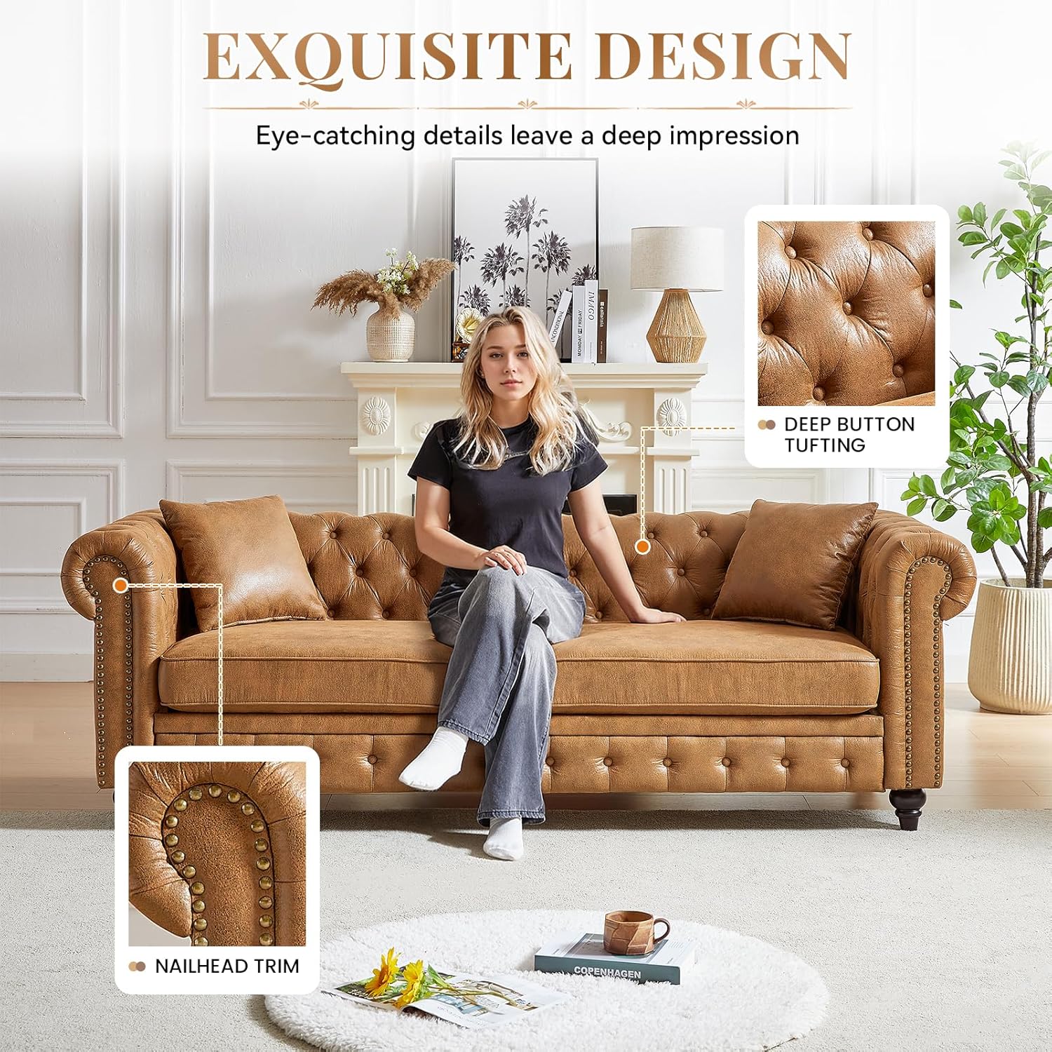 Modern Chesterfield Sofa Set for Living Room, 2 Piece Tech Fabric Furniture Sets 3 Seater Couch&Loveseat Sofa with Rolled Arms and Tufted Button, Office, Brown