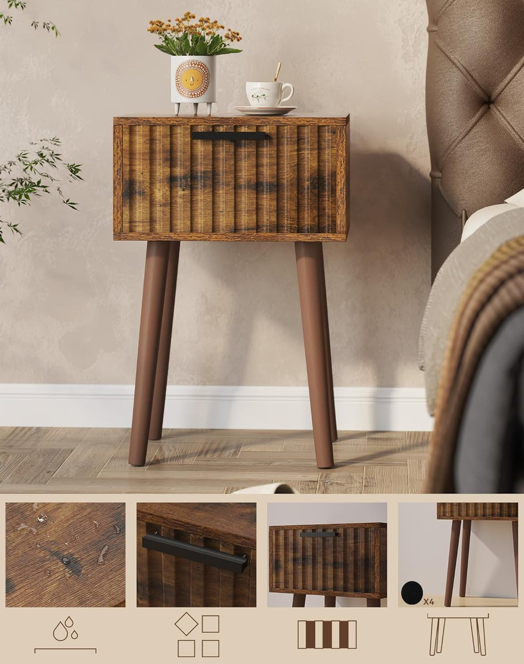 YMYNY Fluted Nightstand, Small End Table, Modern Coffee Table with Drawer, Solid Wood Legs, 13.8" x 10.6" x 20.9", for Bedroom and Small Spaces, Rustic Brown UHST014H-2