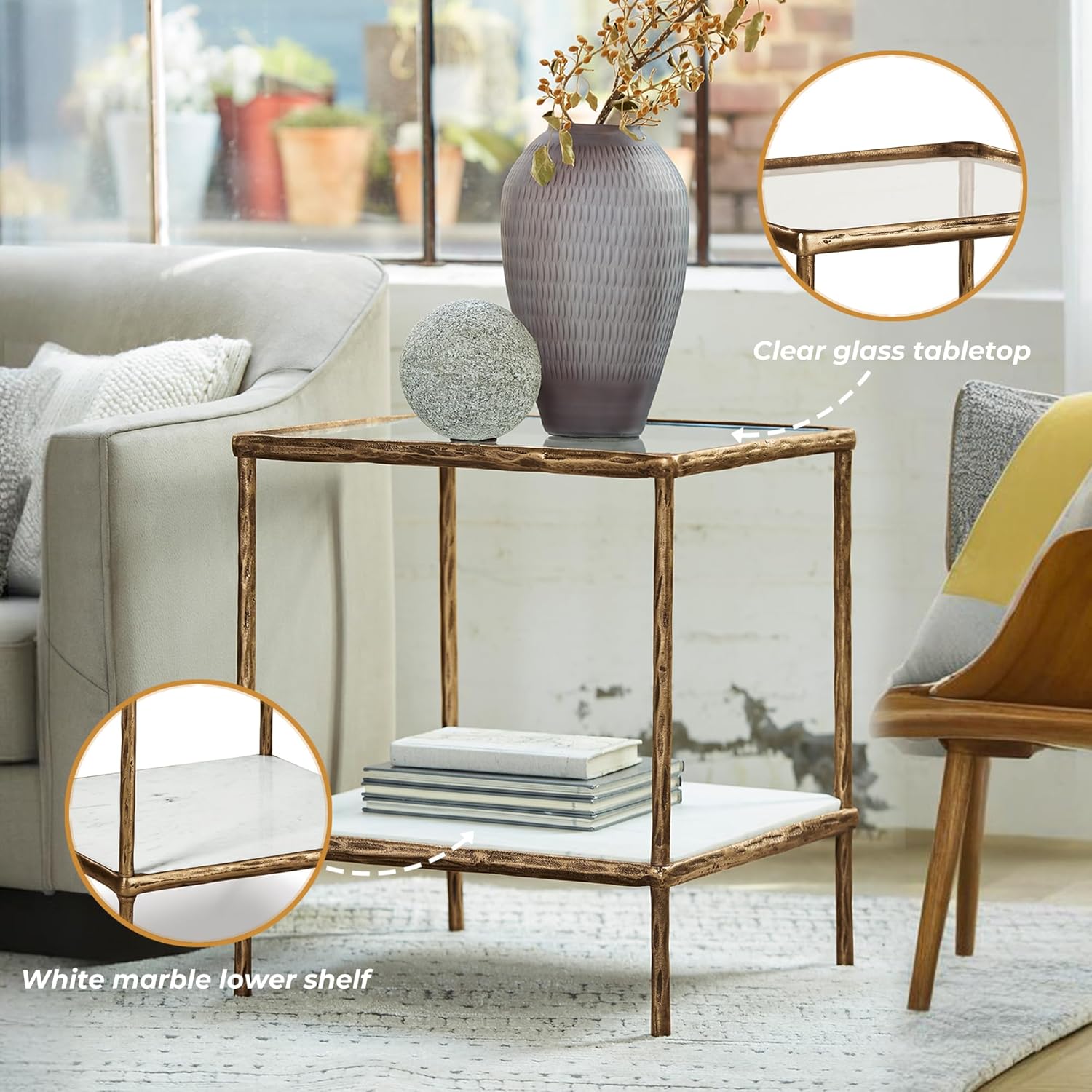 Signature Design by Ashley Ryandale | Contemporary Accent Table – Glass Top, Aluminum Frame & Marble Shelf, Antique Brass Finish