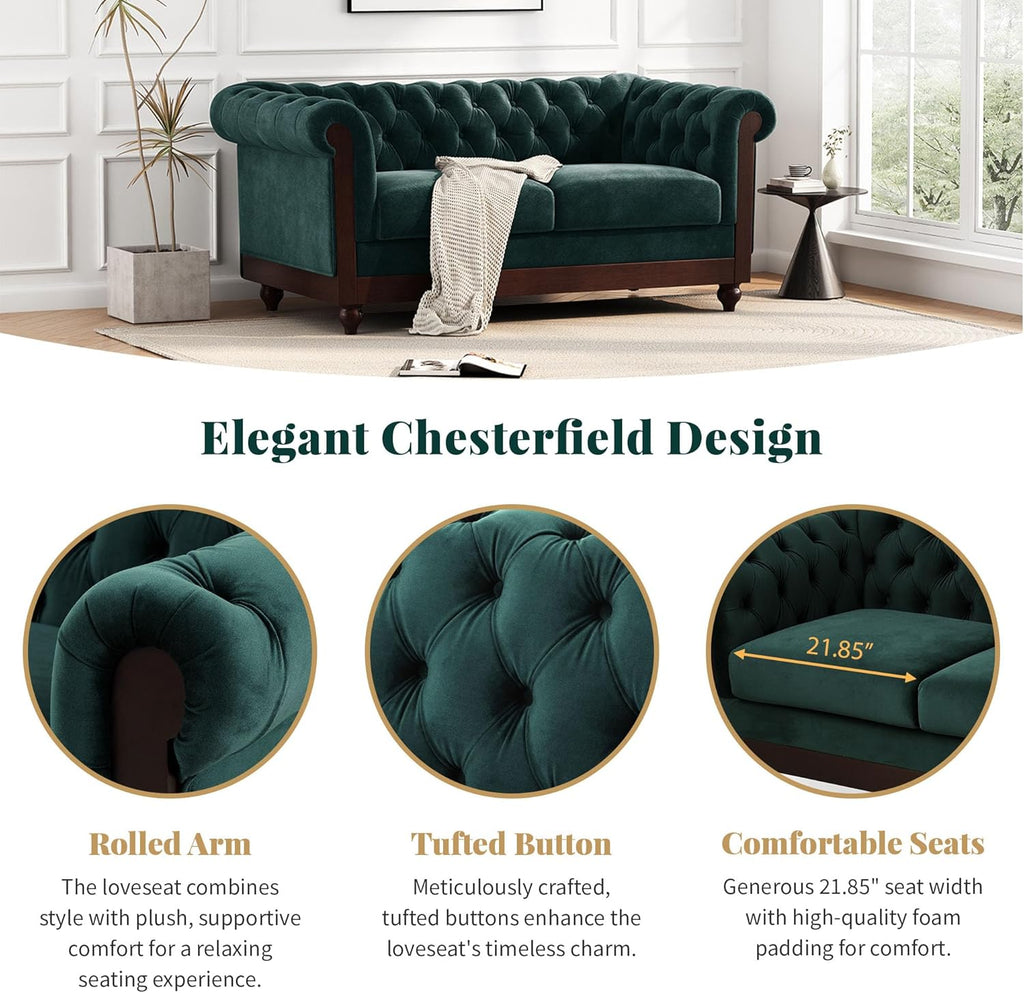 Merax Velvet Chesterfield Sofa, Retro Style Upholstered 3 Seater Leather Couch Rolled Arm for Living Room Bedroom Office, Dark Green