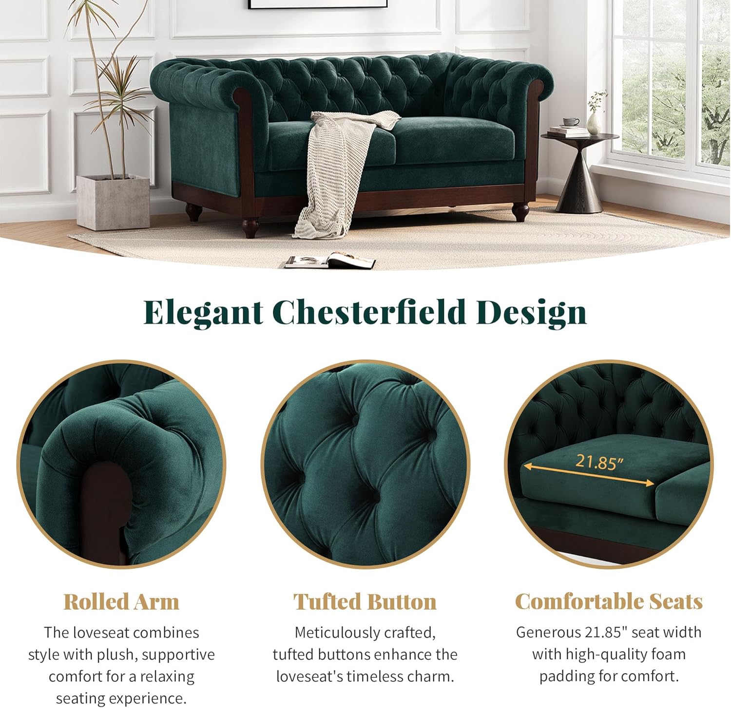 Merax Velvet Chesterfield Sofa, Retro Style Upholstered 3 Seater Leather Couch Rolled Arm for Living Room Bedroom Office, Dark Green