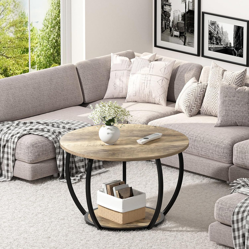 GreenForest Round Coffee Table with 2-Tier Open Storage, 27.6 inch Small Circle Coffee Tables with Adjustable Feet, Modern Mini Center Table for Small Living Room, Grey Wash