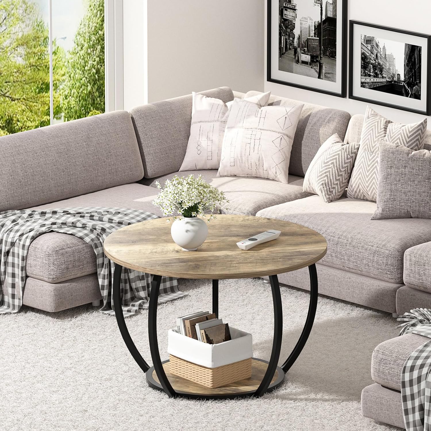 GreenForest Round Coffee Table with 2-Tier Open Storage, 27.6 inch Small Circle Coffee Tables with Adjustable Feet, Modern Mini Center Table for Small Living Room, Grey Wash