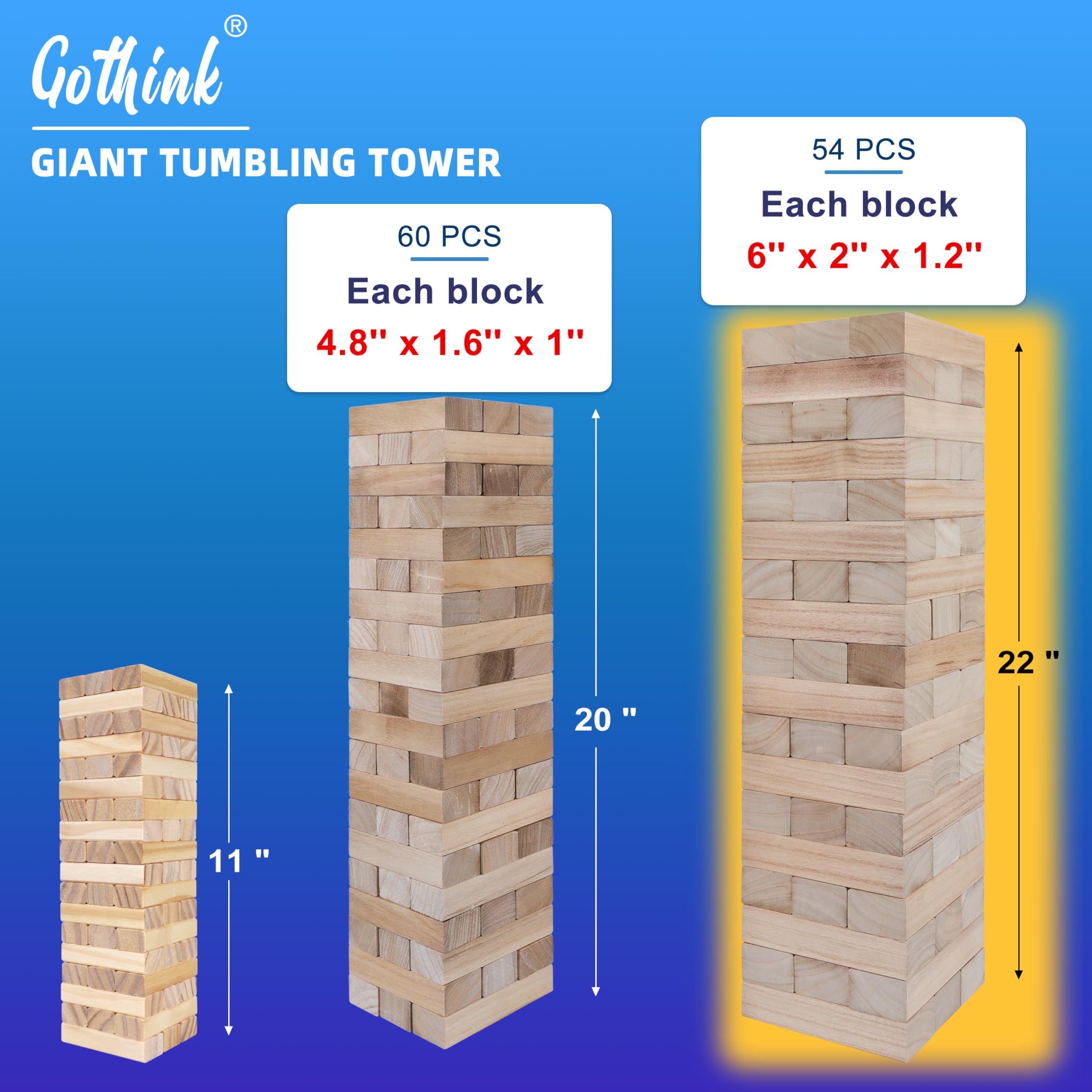 GOTHINK Giant Tumble Tower Game, Large Tumbling Tower Stack to Over 4 FT 54pcs Wooden Jumbo Blocks for Outside Yard Games with Carry Case Timber Stacking Game Night Toy Gift for Kids Adults Family