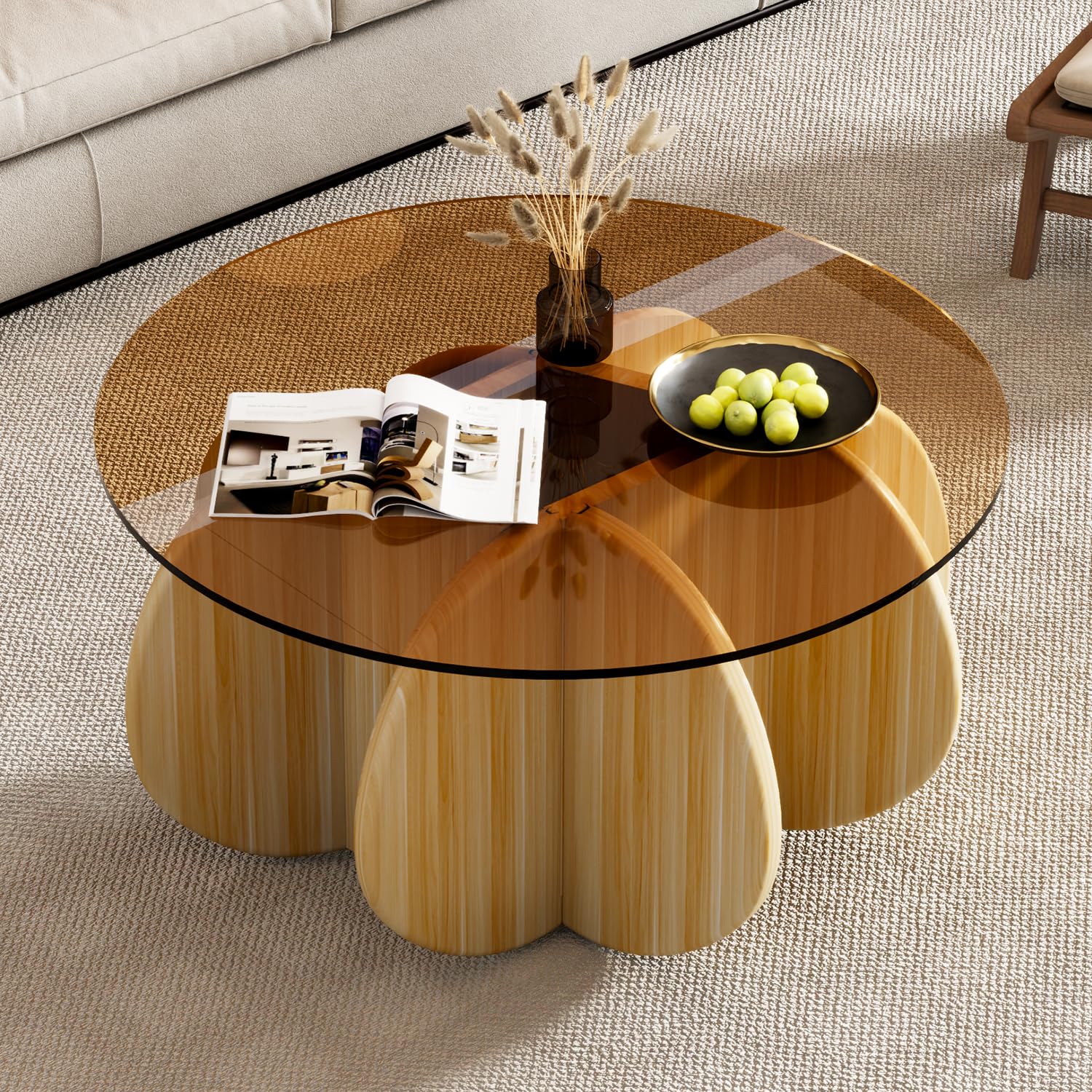 Glass Coffee Table, Mid Century Modern Design, 31.5'' Modern Round Tempered Glass Coffee Tables for Living Room, Cocktail Table for Small Space Home Office. (White + Brown)