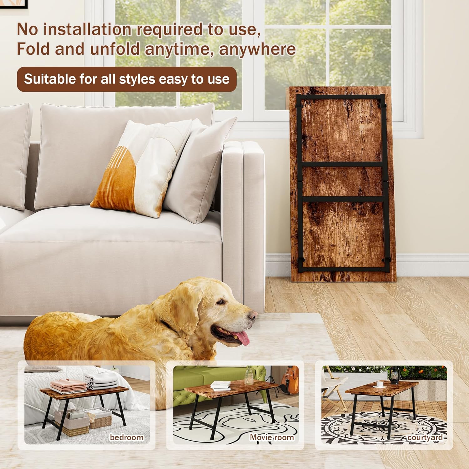 Foldable Rectangular Coffee Table - Stylish and Functional Folding Table for Living Room, Compact Design with Sturdy Frame, Ideal for Apartments, Offices, and Small Spaces,Easy Assembly,Brown