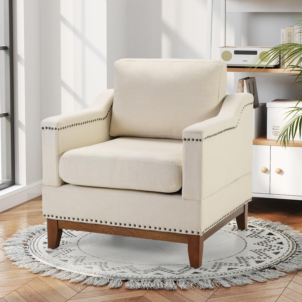 4-Piece Living Room Sofa Set with Coffee Table, Vintage Rivet Couch Sets with Solid Wood Legs, Chenille Sofas Furniture of Ottoman with Storage Space, Armchair, Loveseat and 3-Seat Sofa