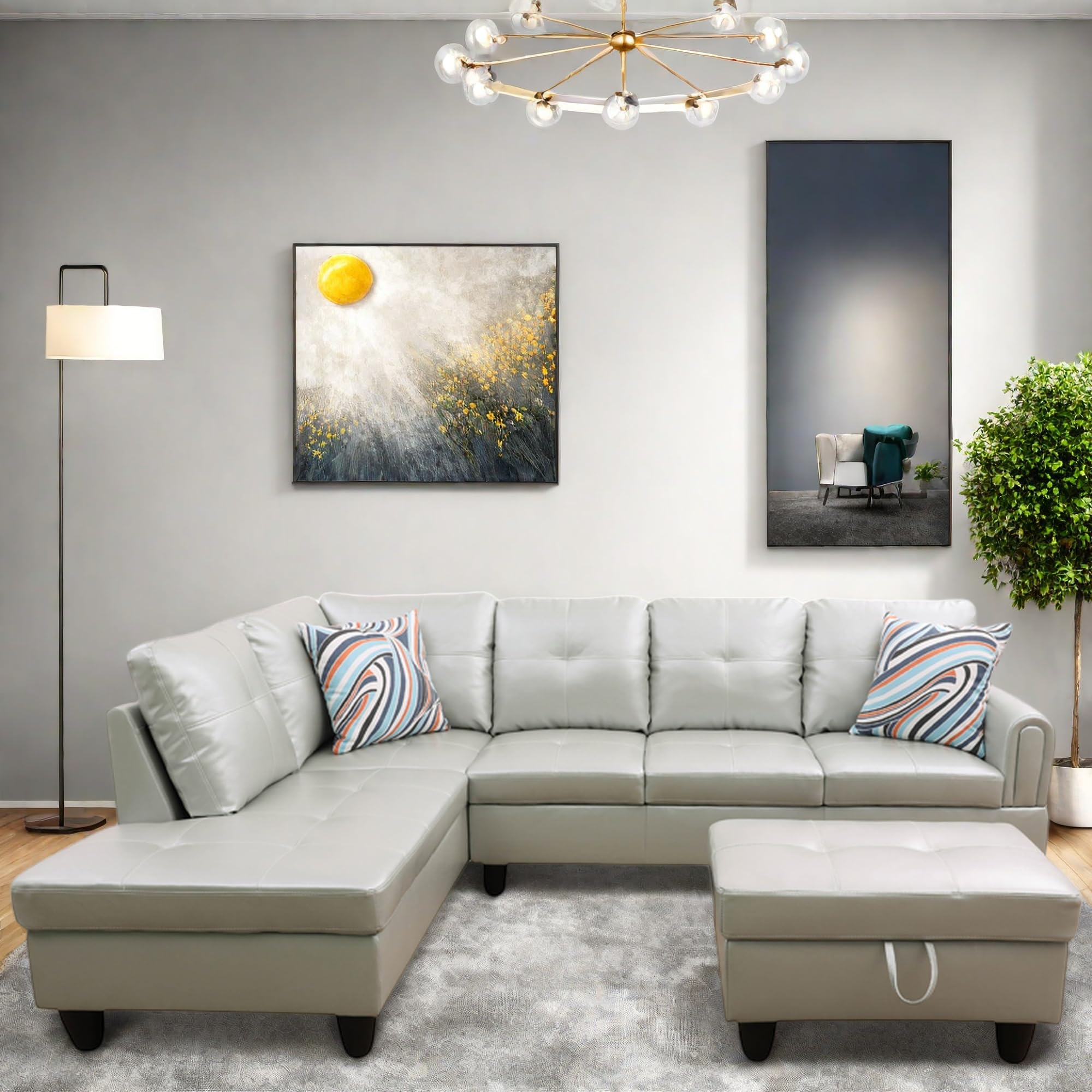 L Shaped Couch, Lounge Sectional Sofa with Chaise for Living Room, 6 Seat Modern Modular Couches with Movable Storage Ottoman, Black Grey