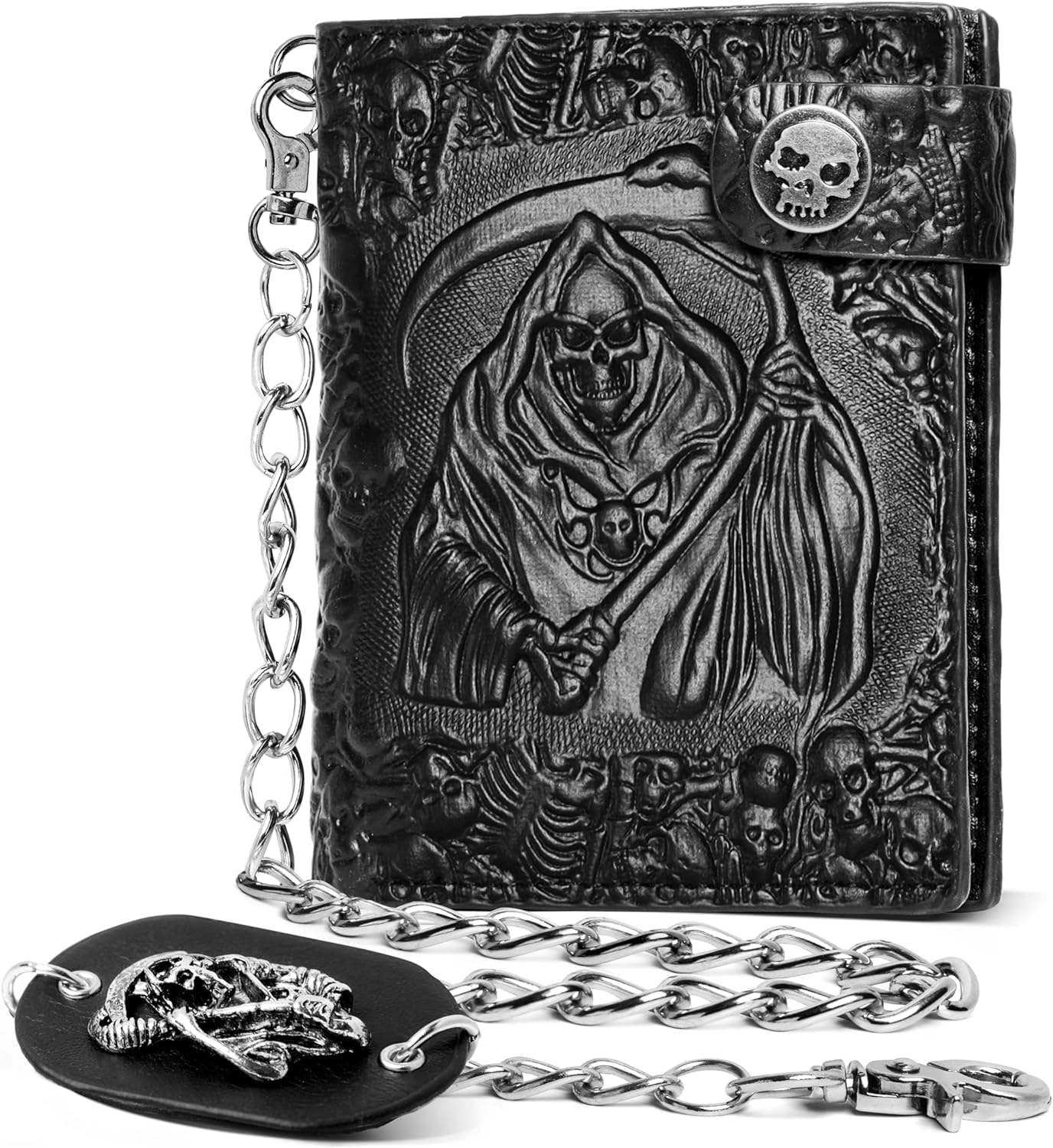 Portefeuille chaîne gothique crâne ZEKEE en cuir - Punk bifold Halloween gothique accessoires | Unisexe, noir