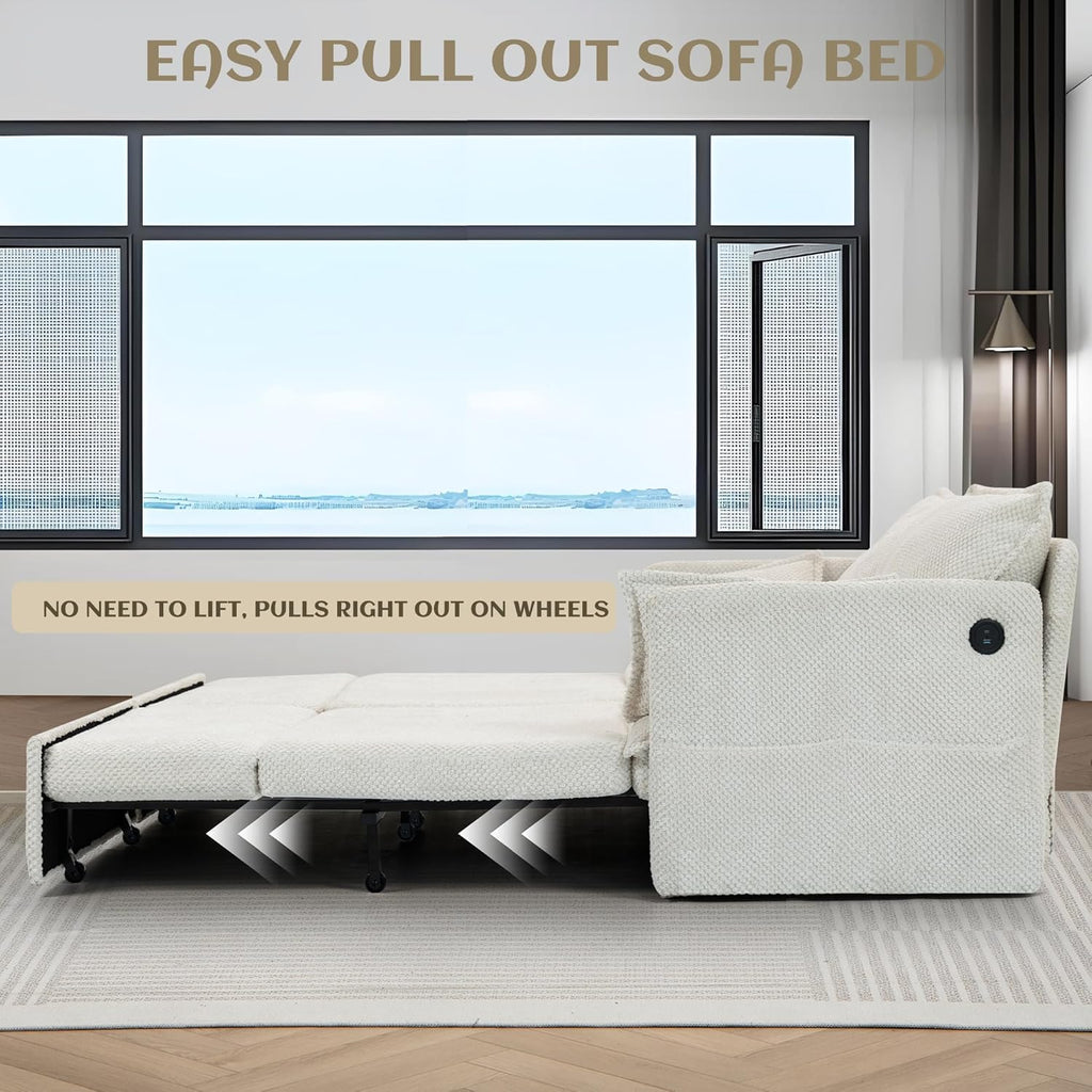 King & Queen Size Pull Out Sofa Bed – Convertible Sleeper Sofa Bed with Cup Holders, USB Ports, Side Pockets, Corduroy Loveseat Couch Chaise Lounge for Living Room, Apartment (Beige, 74")