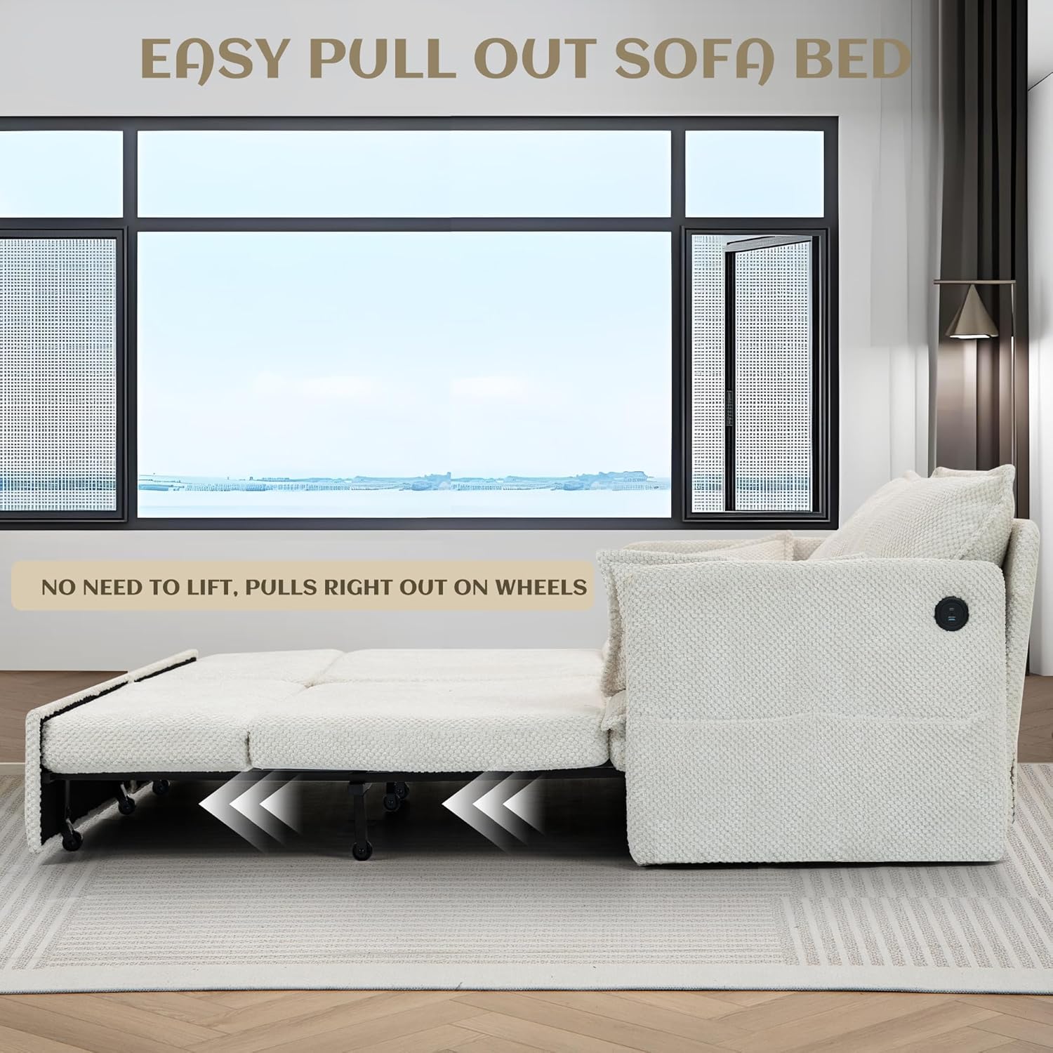 King & Queen Size Pull Out Sofa Bed – Convertible Sleeper Sofa Bed with Cup Holders, USB Ports, Side Pockets, Corduroy Loveseat Couch Chaise Lounge for Living Room, Apartment (Beige, 74")