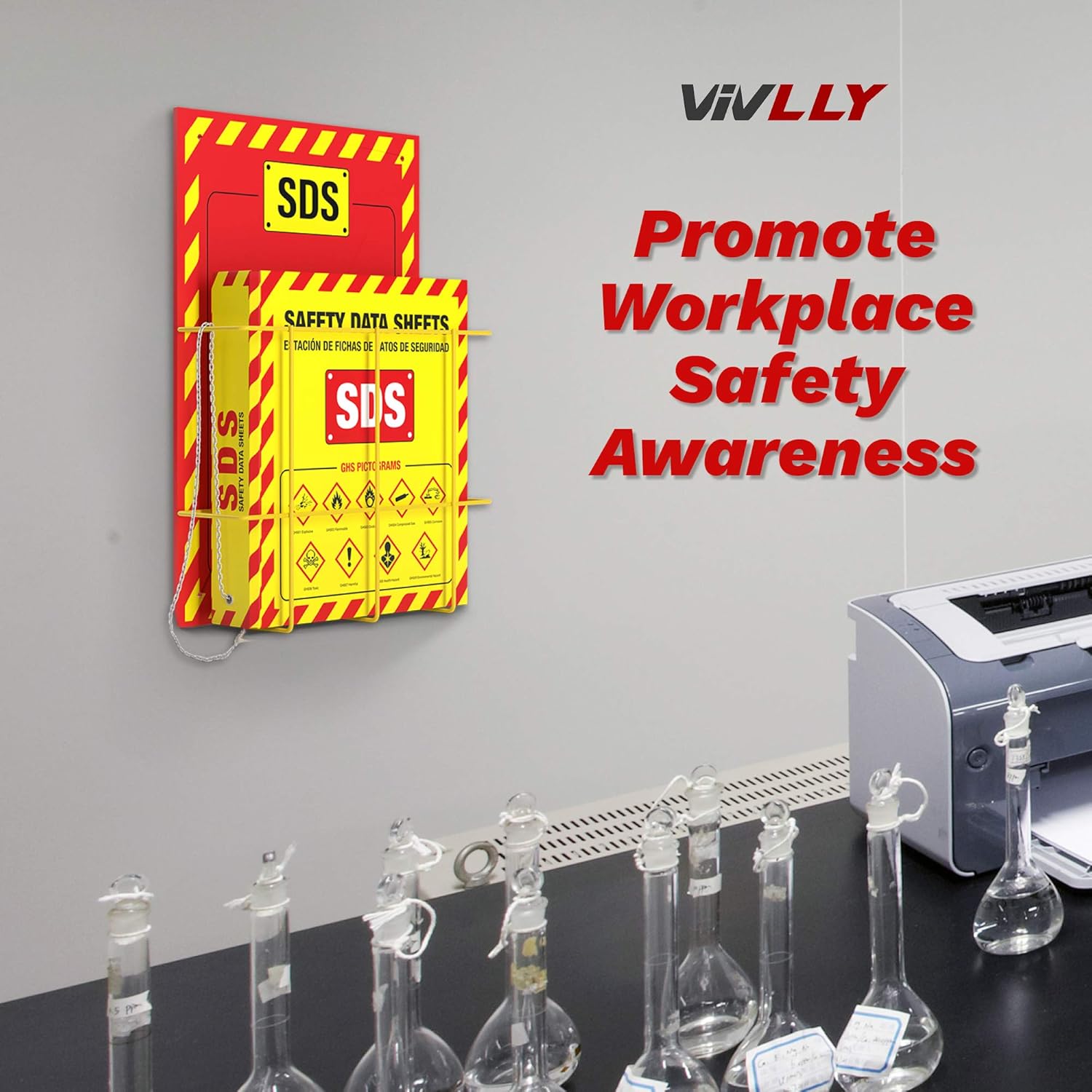 MSDS Wall Station with 3” SDS Binder & Wire Rack, OSHA/GHS Safety Data Sheet Station, Bilingual Labels, Display Sign, Chain & Mounting Hardware
