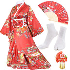 Women's Kimono Robe Geisha Yukata Sweet Tuxedo Ruffle Dress Blossom Satin Bathrobe Sleepwear Fans Tabi Socks Set