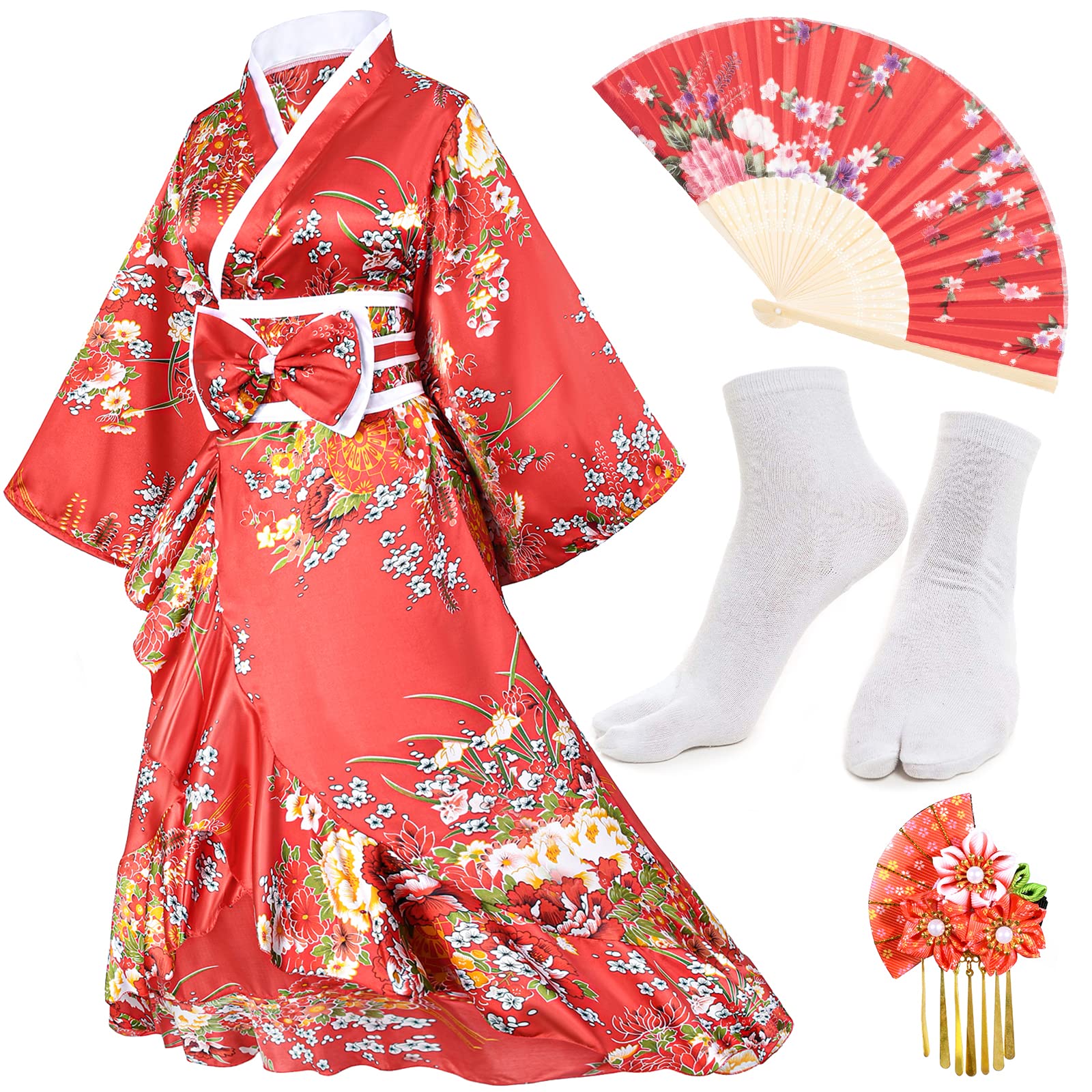 Women's Kimono Robe Geisha Yukata Sweet Tuxedo Ruffle Dress Blossom Satin Bathrobe Sleepwear Fans Tabi Socks Set