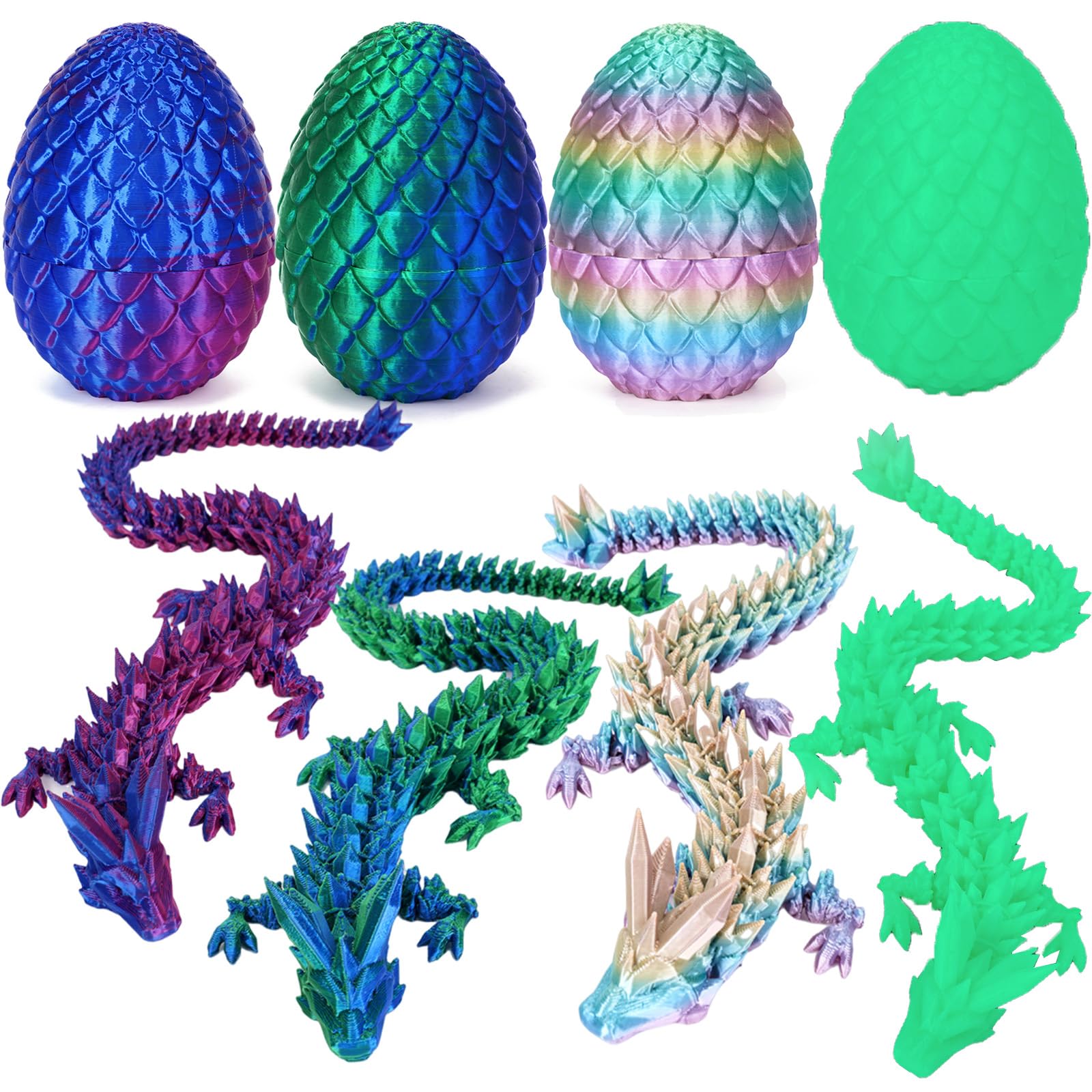 TBOLINE 3D Printed Easter Dragon Egg - Perfect Basket Essentials Stuffers, 4 Pack Prefilled Easter Eggs Filled with Toys, Small Articulated Crystal Animals Fidget Toy for Kid (4PCS1)