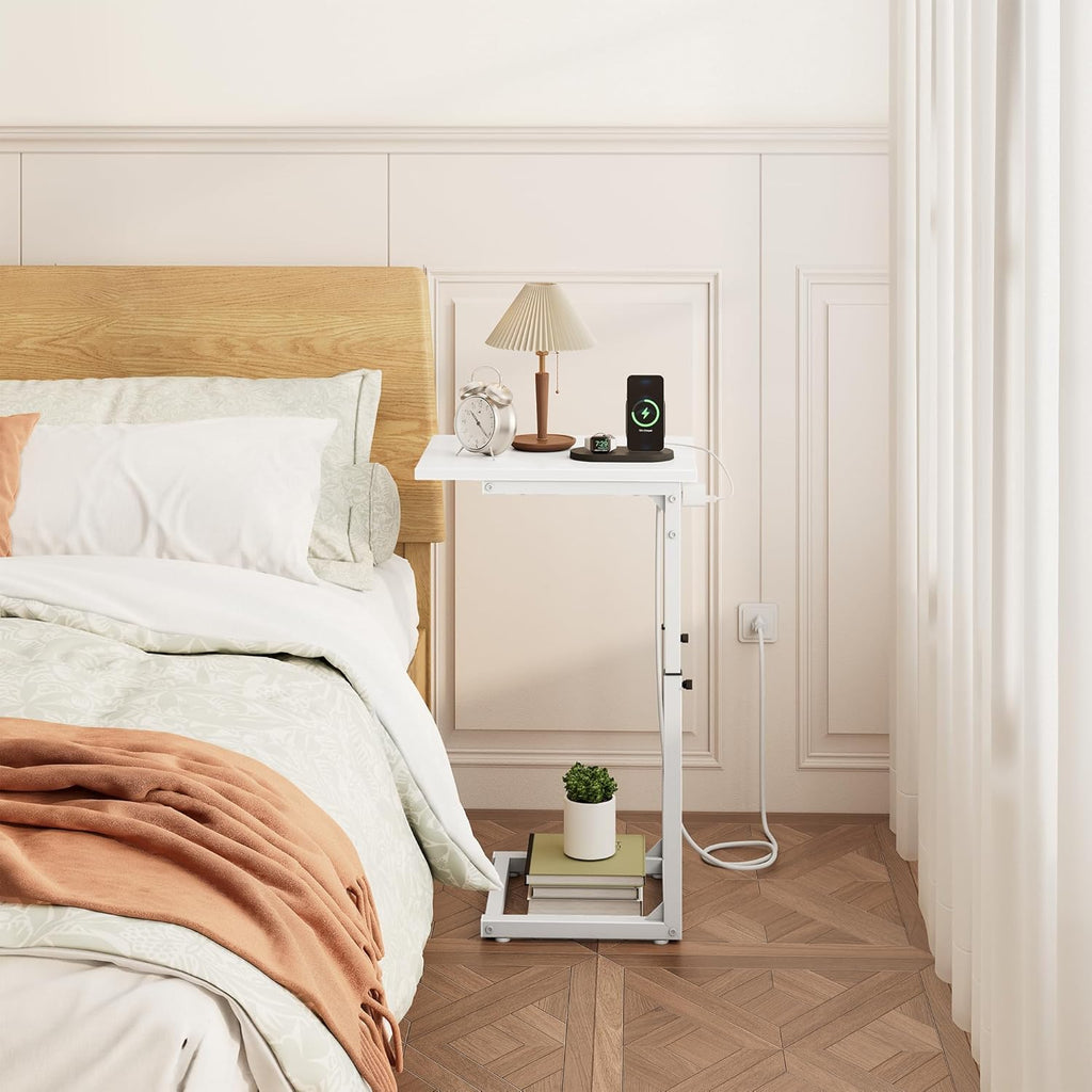 Vagusicc C Shaped End Table with Charging Station, 33" Tall Side Table for Couch, Sofa Table Adjustable Height Couch Side Table Coffee Table, Slide Under Sofa TV Tray C Table for Living Room, White