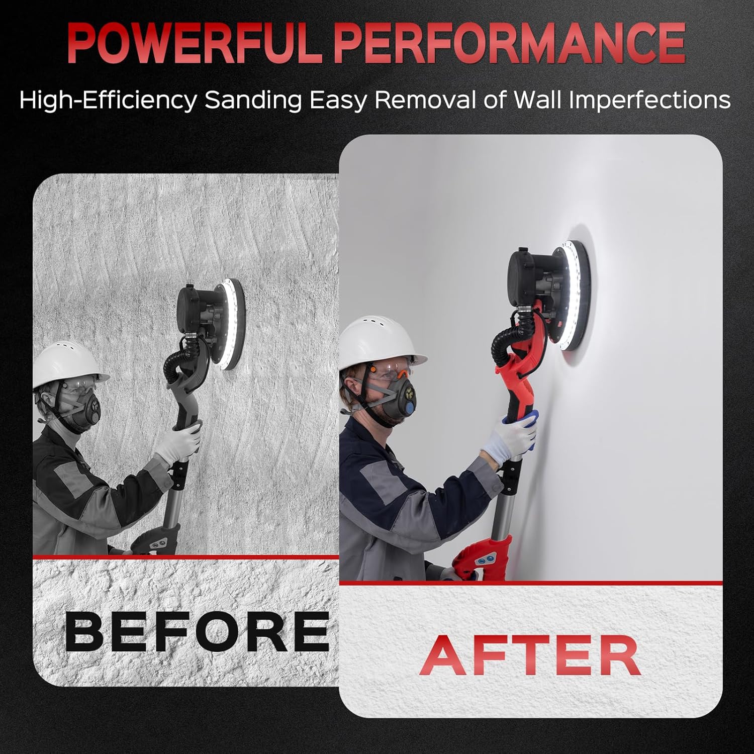 Drywall Sander, 2025 Upgraded 8-Amp Popcorn Ceiling Removal Tool with 7 Variable Speed 800-1800RPM, Drywall Sander with Vacuum Dust Collector with Extendable Handle, LED Light, 12pcs Sanding Discs,Red