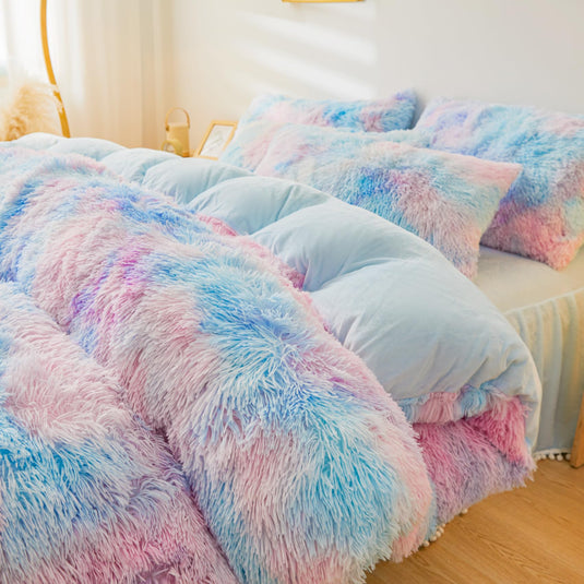 Fluffy Pink Faux Fur Comforter Cover Set，Fluffy Fuzzy Plush Pink Bedding 3Pcs (1 Faux Fur Duvet Cover +2 Fuzzy Pillowcases) Pink Fluffy Bed Set (Pink, Queen)