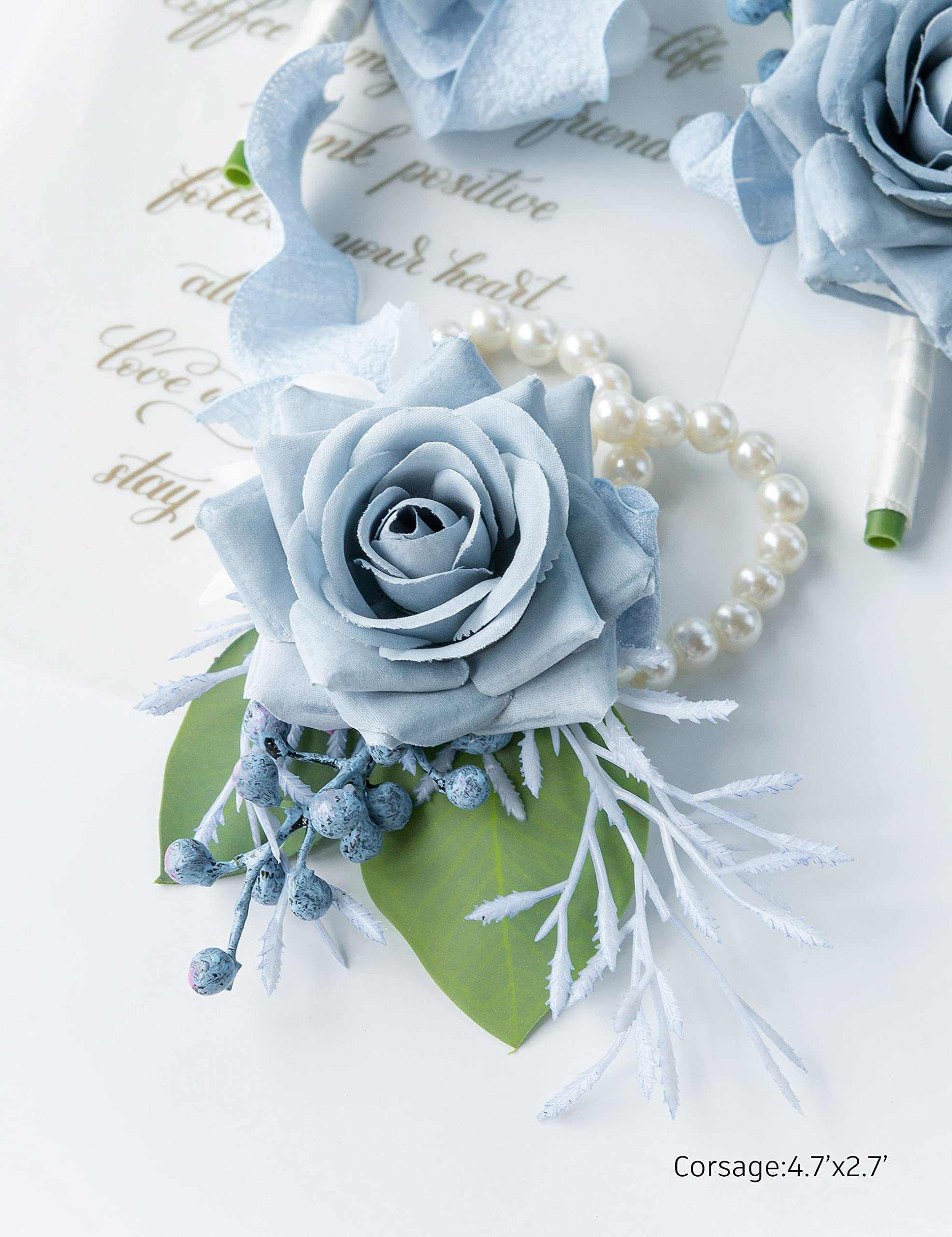 ست مچ‌بند و گل سینه YSOJMAN برای عروس، ساقدوش، مادر، مادربزرگ در جشن عروسی، گل‌های رز مصنوعی برای جشن عروسی، مجموعه ۲ عددی (آبی خاکستری)