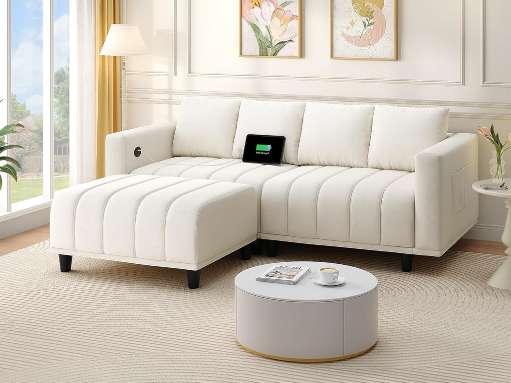 YITAHOME Sectional Sofa with Ottoman, L Shaped Couch Velvet Comfy Modern Sofa 3 Seater Cloud Couch with USB & Type-C Ports for Living Room Apartment, Beige