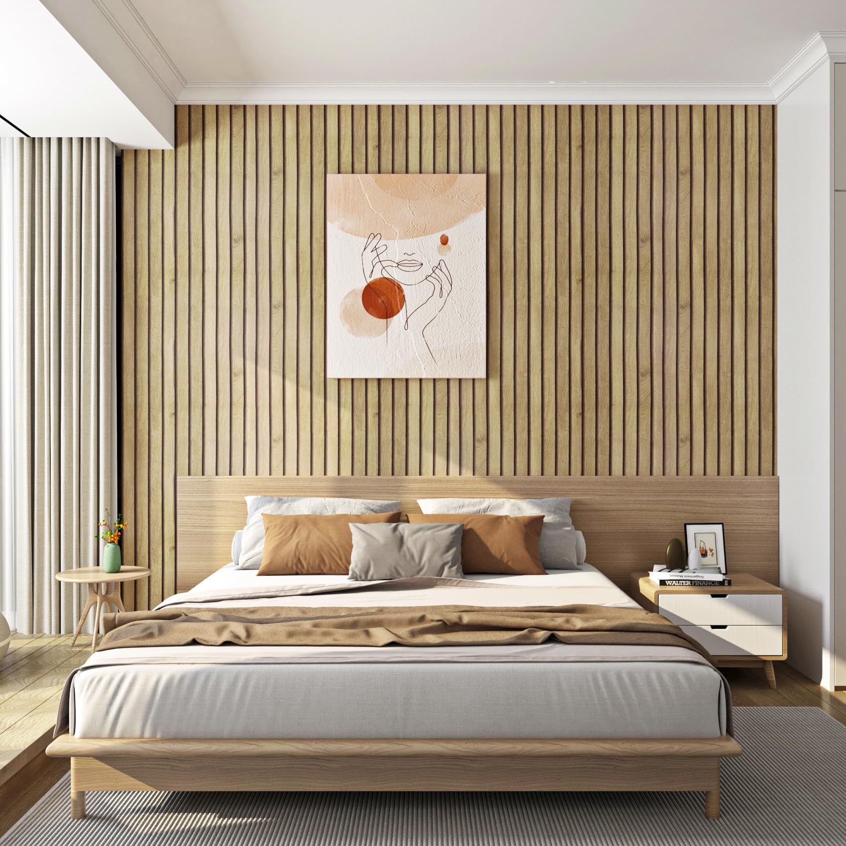 FunStick 24"x200" Wood Slat Peel and Stick Wallpaper Removable Wood Contact Paper Peel and Stick Wood Slats Wall Paper Decor Self Adhesive Vinyl Beadboard Wallpaper for Bathroom Kitchen Cabinets Table