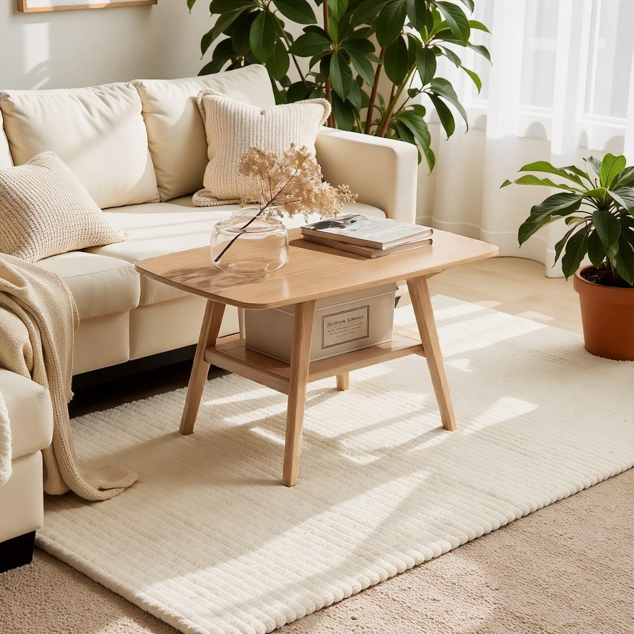 100% Solid Wood Coffee Table for Living Room, 31.5" Small Tables with Shelf Storage, Mid Century Modern Storage Coffee Table with Rounded Corners (Oak Wood Walnut Color)