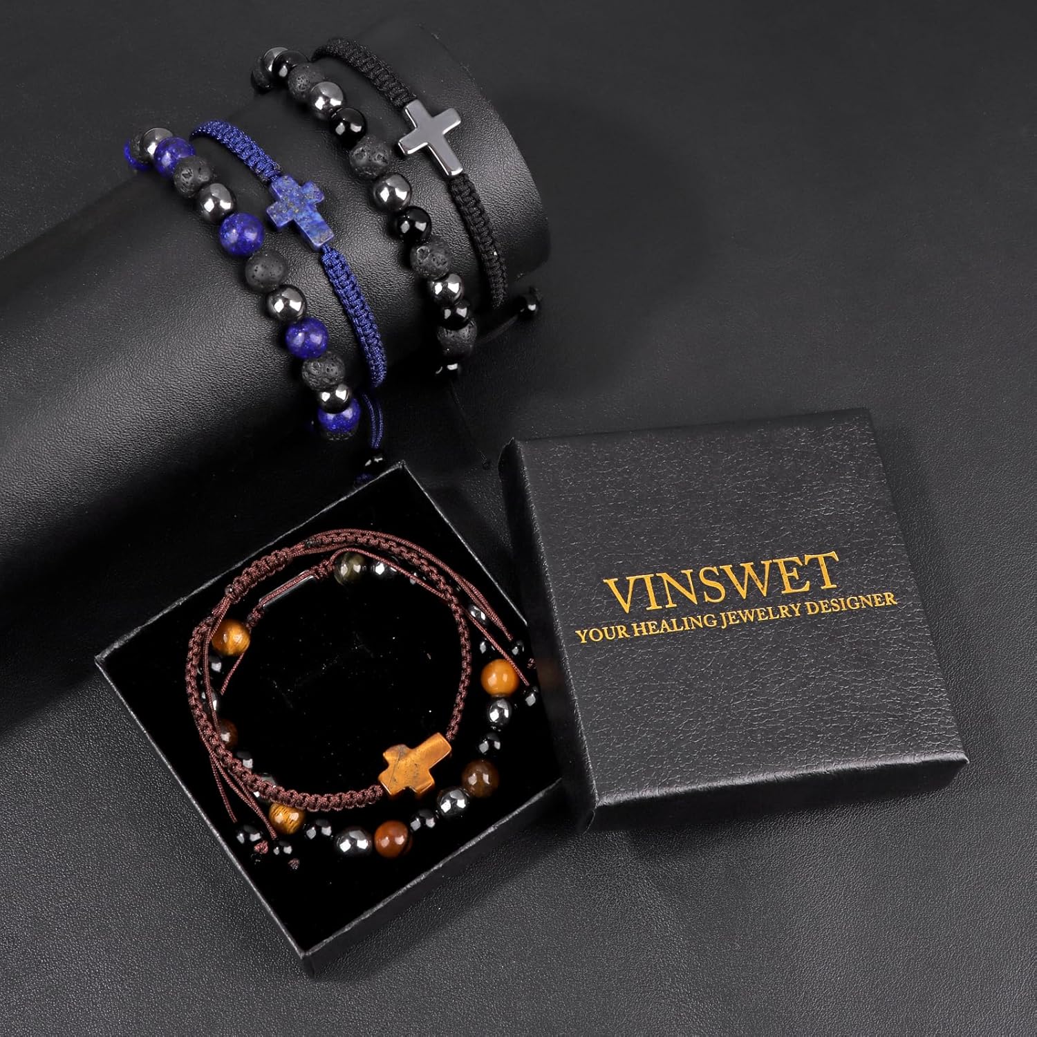 2 pcs Cross Beaded Bracelets for Men,8mm Black Obsidian Tiger eyes Hematite Mens Triple Protection Bracelet Set Fathers Day Birthday Jewelry Gifts