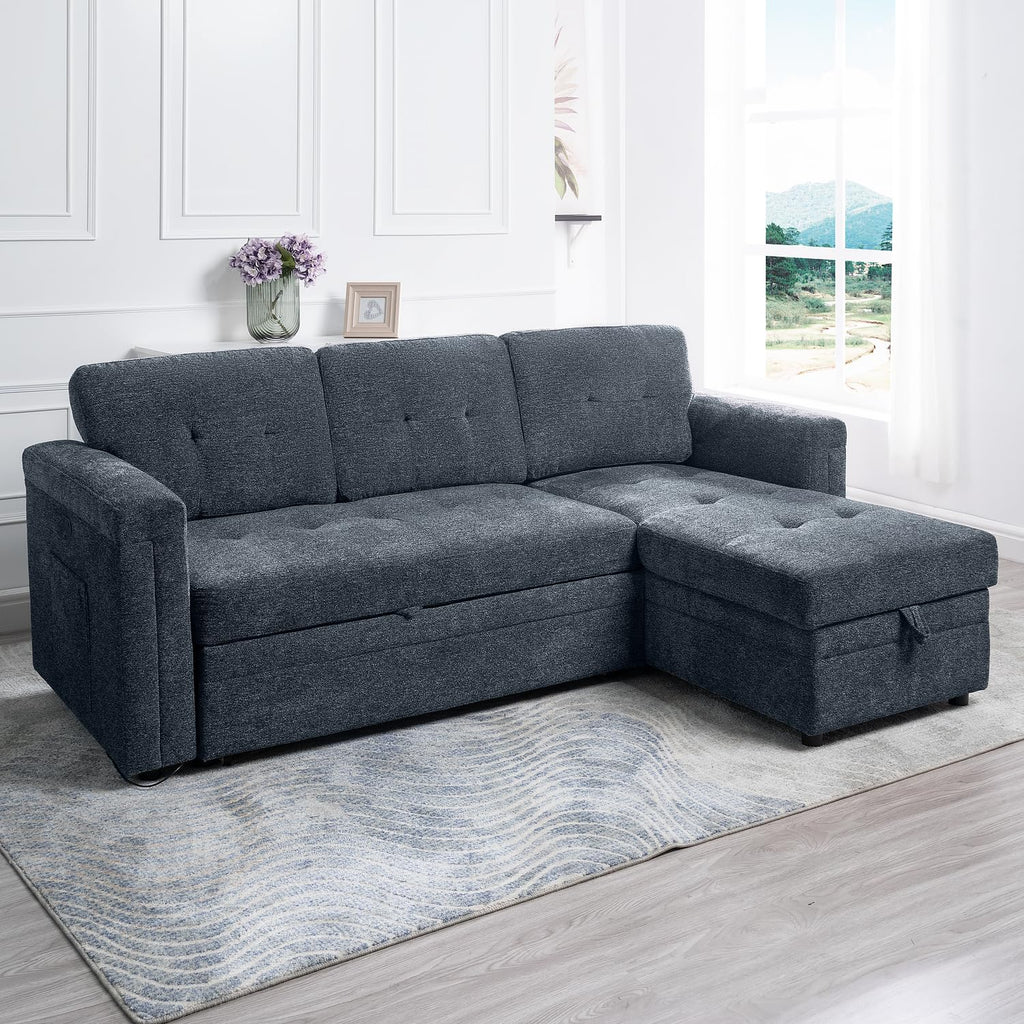 Naomi Home L-Shaped Sectional Sleeper Sofa with USB Ports - Convertible Pull-Out Bed, Ample Storage, Timeless Design, Durable Construction, Black/Air Leather