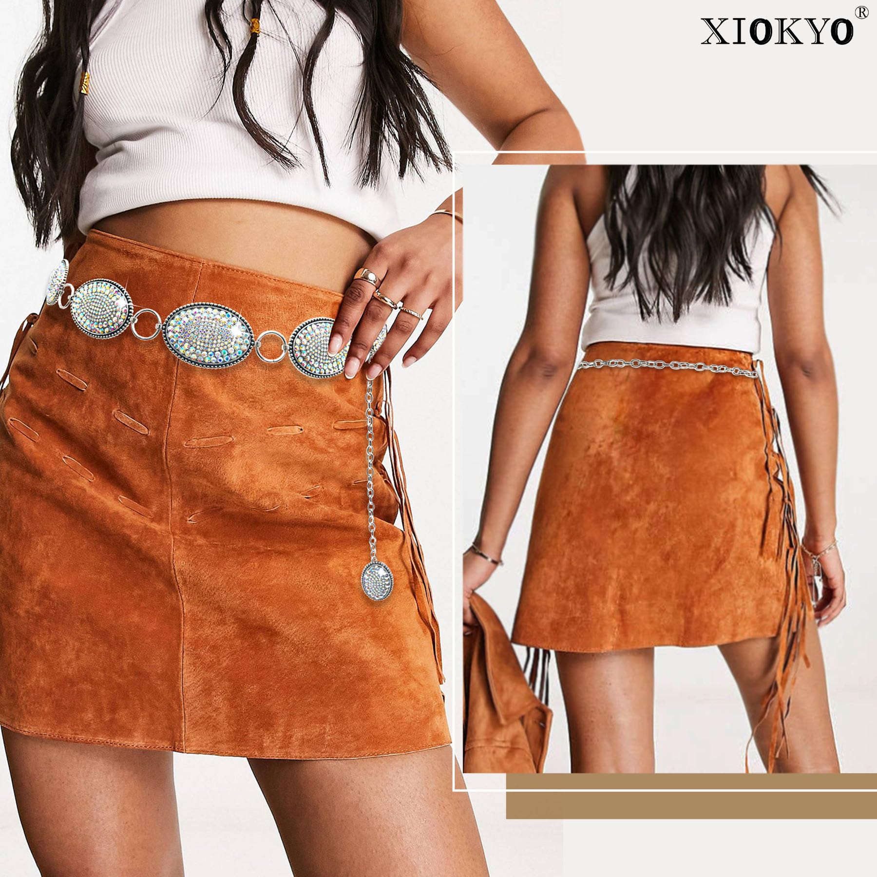 Xiokyo Bling Rhinestone Concho Belt Heavy Metal Western Crystal Chain Belt Cowgirl Sparkly Waist Chain for Women Dress