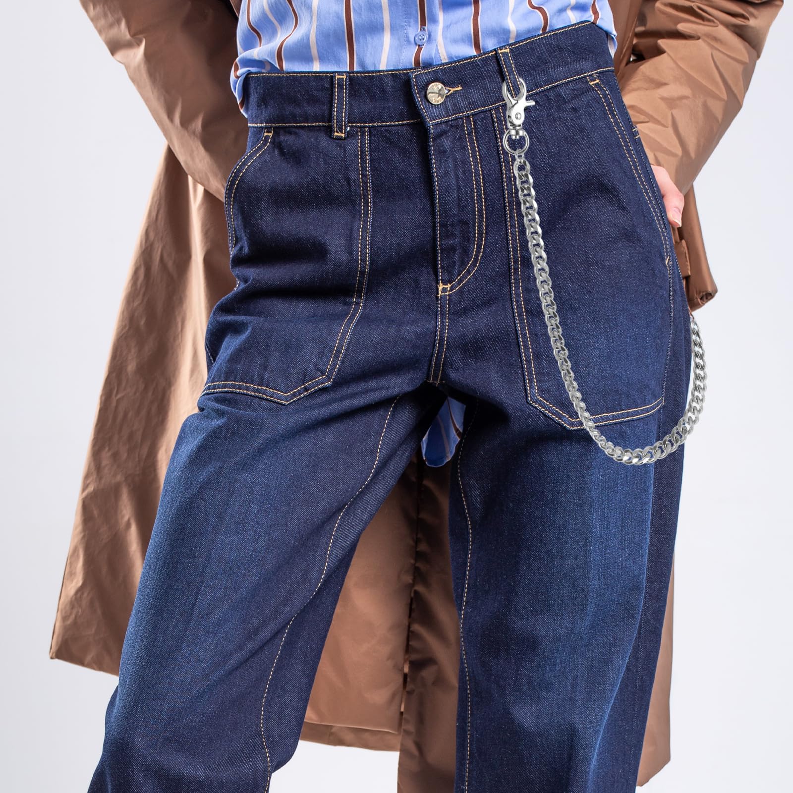 WY LIGHTING LEVEL Waist Chain Heavy Duty Metal Keychain Punk Wallet Chains Hip Hop Keyholder Round Clasp Goth Keyring for Pants(Silver)