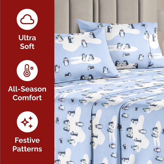 King Christmas Tree Sheet Set - Holiday Xmas Pattern Linen Set - Deep Pockets - Snug Fit - 4 Piece - Wrinkle Free - Comfy & Cooling Festive Winter Bedding - Easy To Care For - Kid Friendly