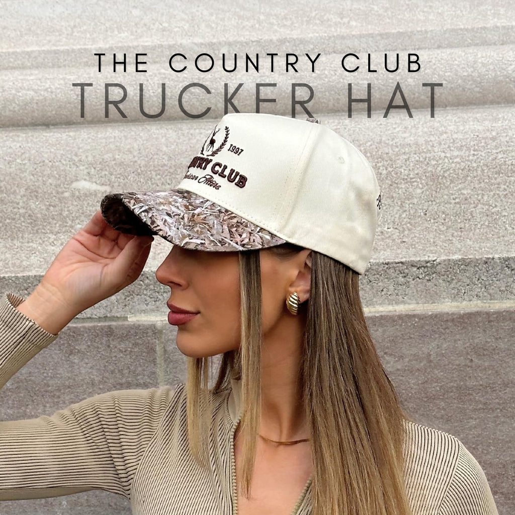 Vintage Trucker Hat | Country Cowboy Cute Preppy Retro Western Trucker Hats | Men Women Trendy Snapback | Tan Red Green Black (Country Club | Camo)