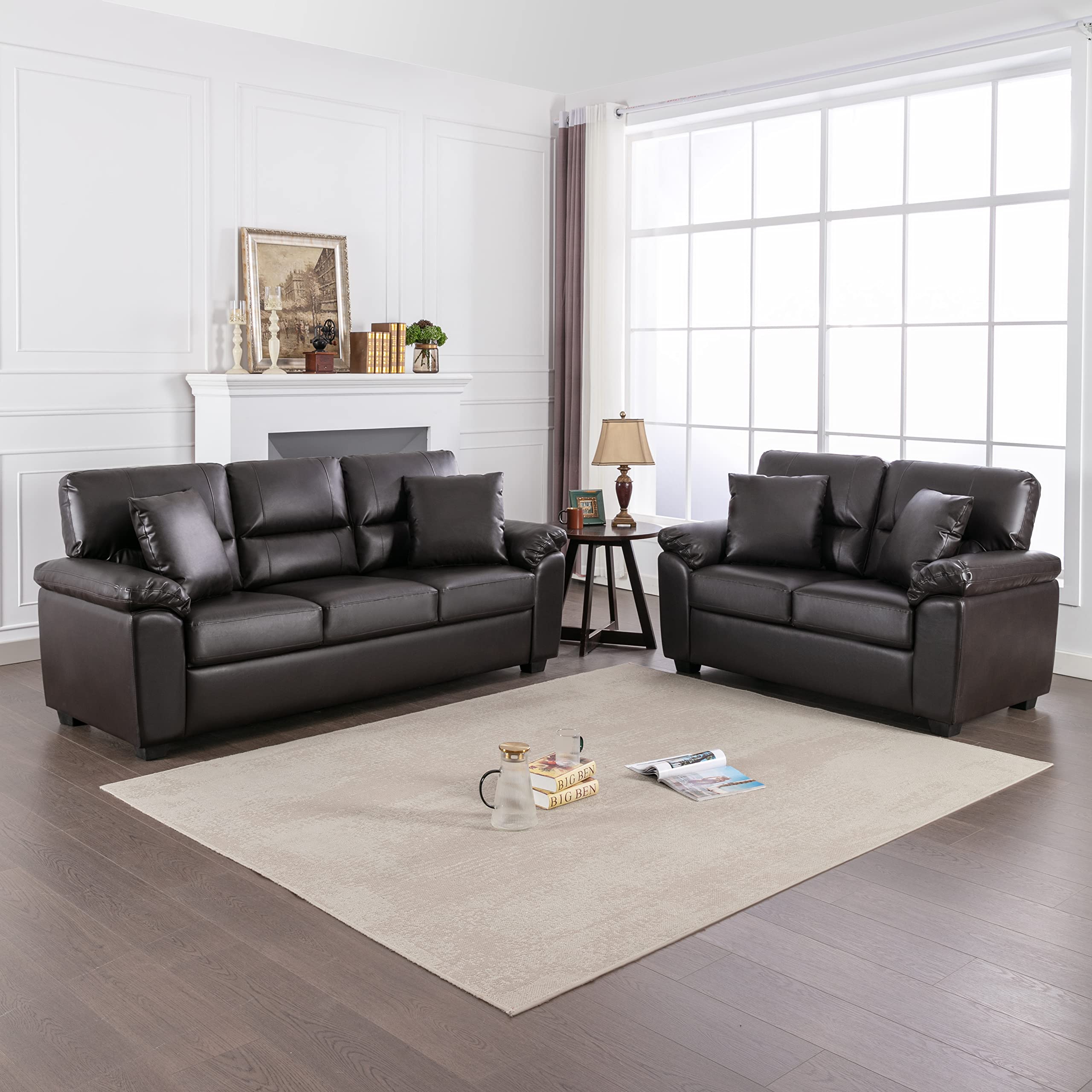 Morden Fort White Leather Love seat and Sofa Set, Modern Luxury and Comfy Furniture Sleeper Couches for Living Room, Apartment, Office, Lounge Room