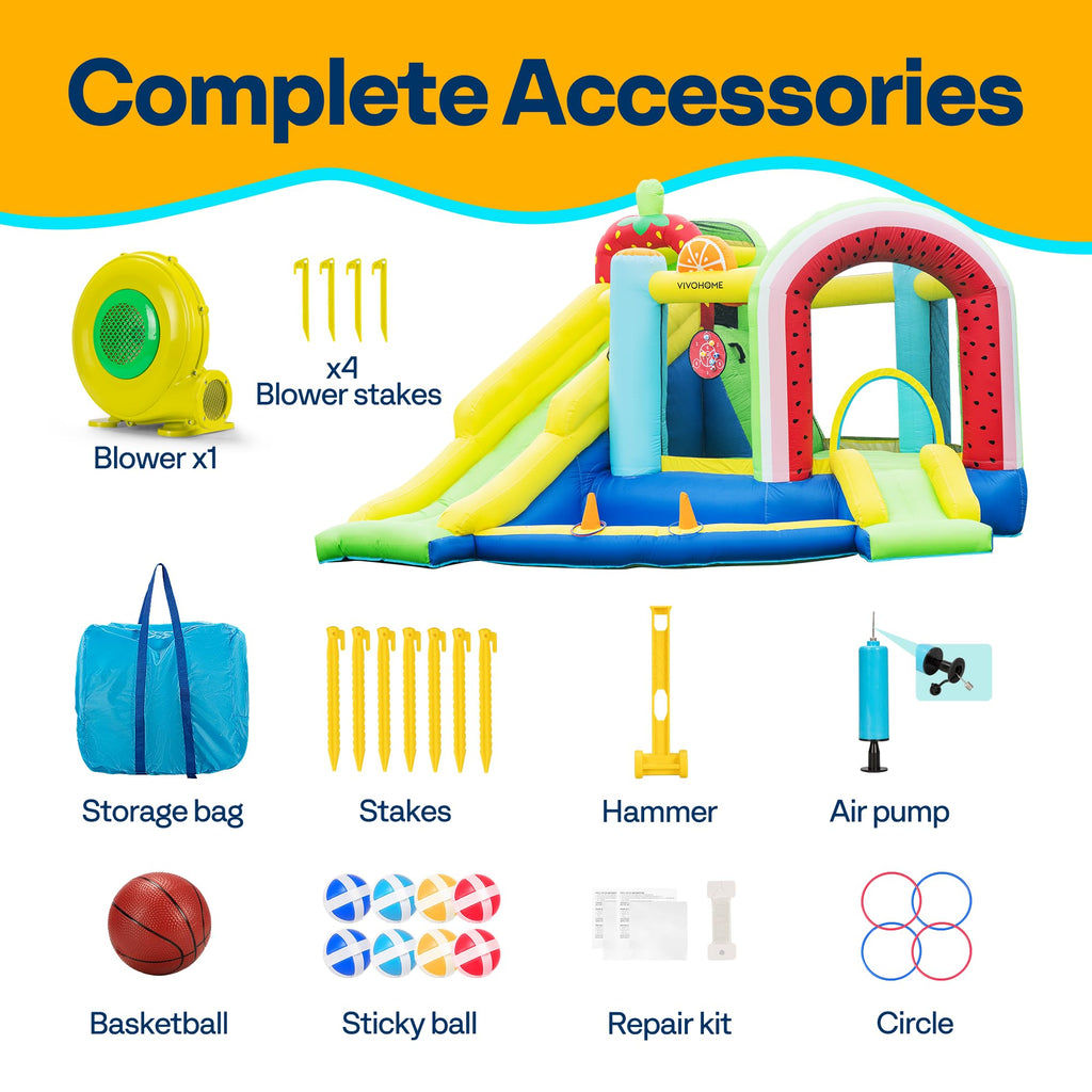 VIVOHOME 7 in 1 Bounce House for Kids, Fruit Theme Inflatable Bouncy Castle with Slide, 12x12 FT Inflated Bouncer for Outdoor with Blower, Basketball, Climb, Jump Area, Ball, Water Pool, Hoop