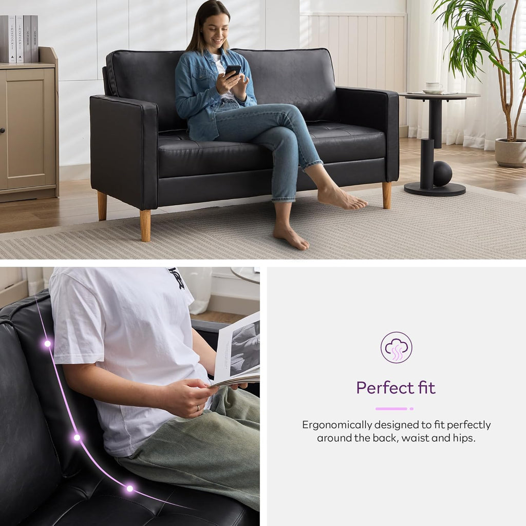 TYBOATLE 57" Small Black Faux Leather Sofa Couches, 3 Piece Living Room Set, Mid-Century Modern Tufted Comfy Loveseat, 2 Seater Office Couch Love Seat for Small Space Bedroom Drom Apartment