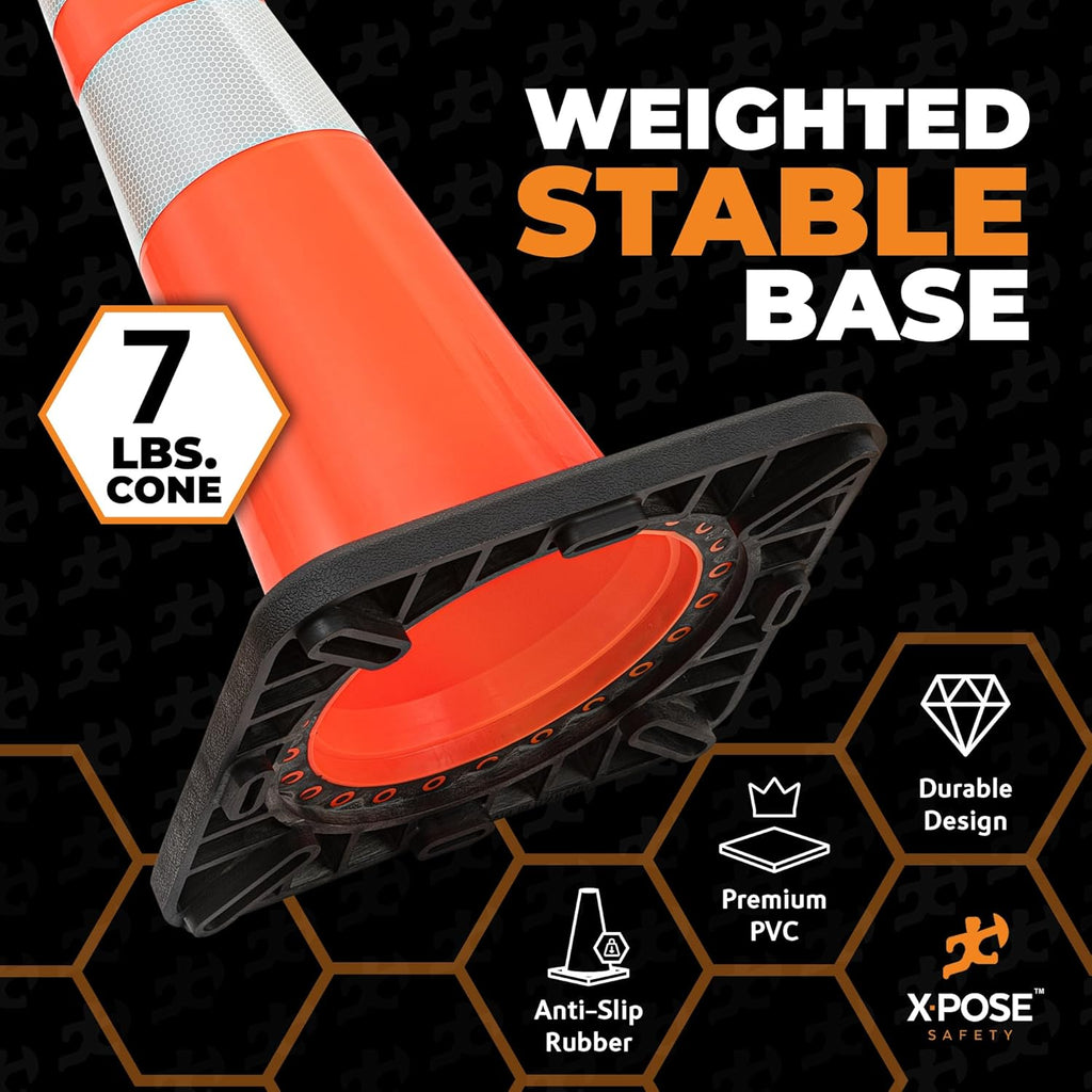 Xpose Safety 28 Inch Orange Slim Line Traffic Cones with 6" & 4" Collars, 24 Pack Multipurpose PVC Plastic Safety Cone for Parking, Soccer, Caution, Kids & Construction - DOT Approved