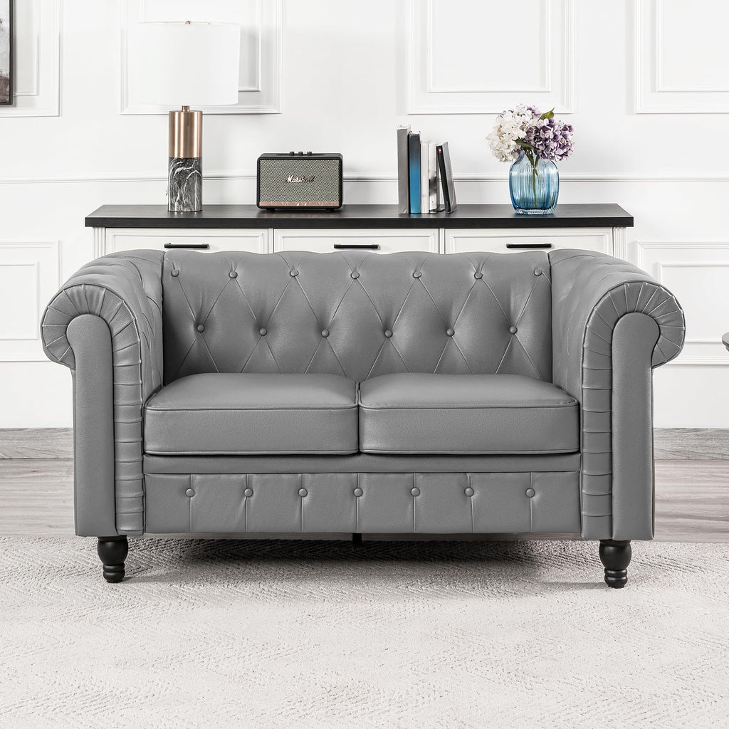 Emery Chesterfield 3 Piece Living Room Sectional Sofa Set Rolled Arms, Tufted Cushion Sofas for Living Room Set Includes Sofa, Loveseat Couch, Accent Arm Chair / Easy Tool-Free Assembly – Off White