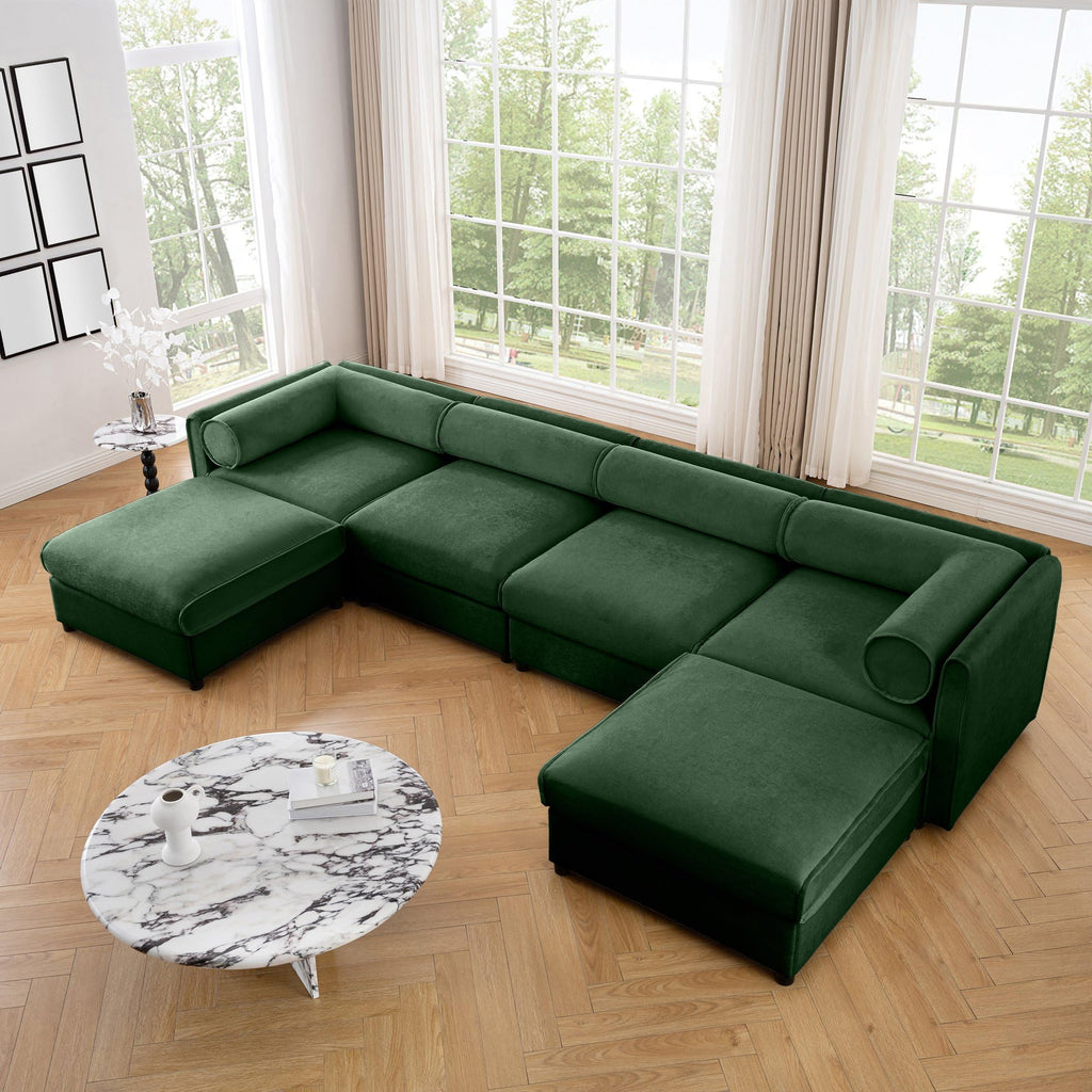 Large Sectional Couches for Living Room, Corner Couch with Storage Chenille Sectional Sofa, Cylindrical Backrest and Armrests 6 Seats,Green
