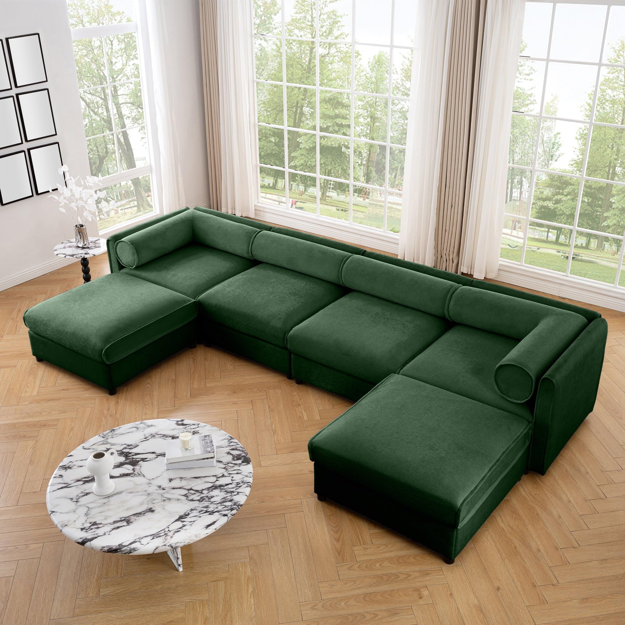 Large Sectional Couches for Living Room, Corner Couch with Storage Chenille Sectional Sofa, Cylindrical Backrest and Armrests 6 Seats,Green