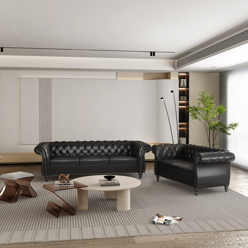 QHITTY 3 Piece Living Room Set, Sectional Chesterfield Sofa Chair Contemporary Upholstered Leather Loveseat Couch Sets for Living Room, Bedroom, Office