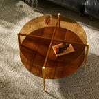 Saint Mossi Glass Round Coffee Table for Living Room, Middle-Century Modern Style, Coffee Brown Glass Top & Walnut Brown MDF Wood Top, with Gold Finish Legs & Frame