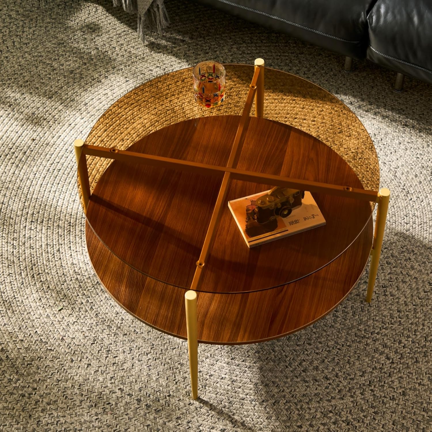 Saint Mossi Glass Round Coffee Table for Living Room, Middle-Century Modern Style, Coffee Brown Glass Top & Walnut Brown MDF Wood Top, with Gold Finish Legs & Frame