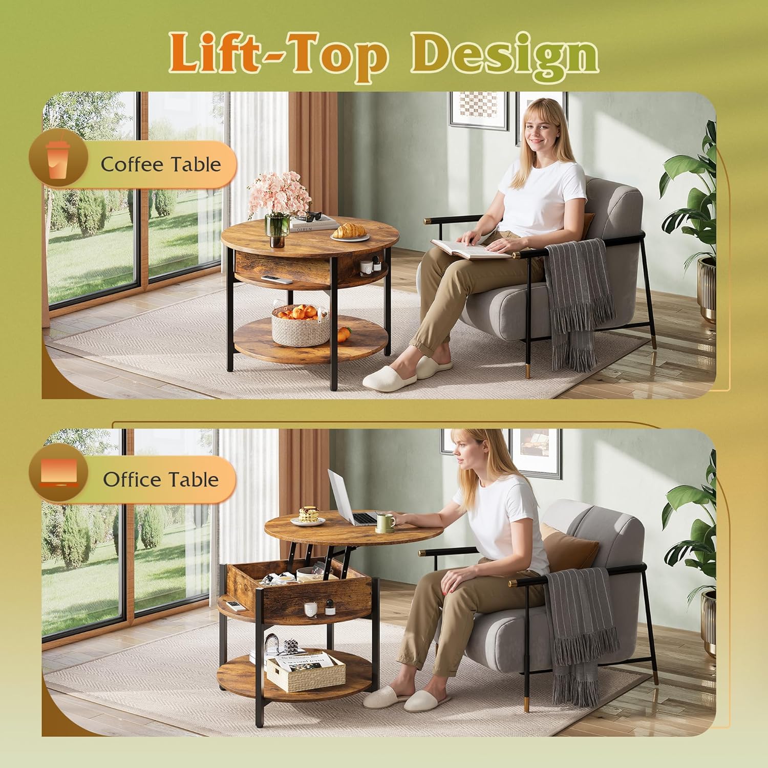 WLIVE Round Lift Top Coffee Table with Storage Shelf and Hidden Compartment, Farmhouse Small Coffee Table with 2 Tier for Living Room and Home Office, Rustic Brown