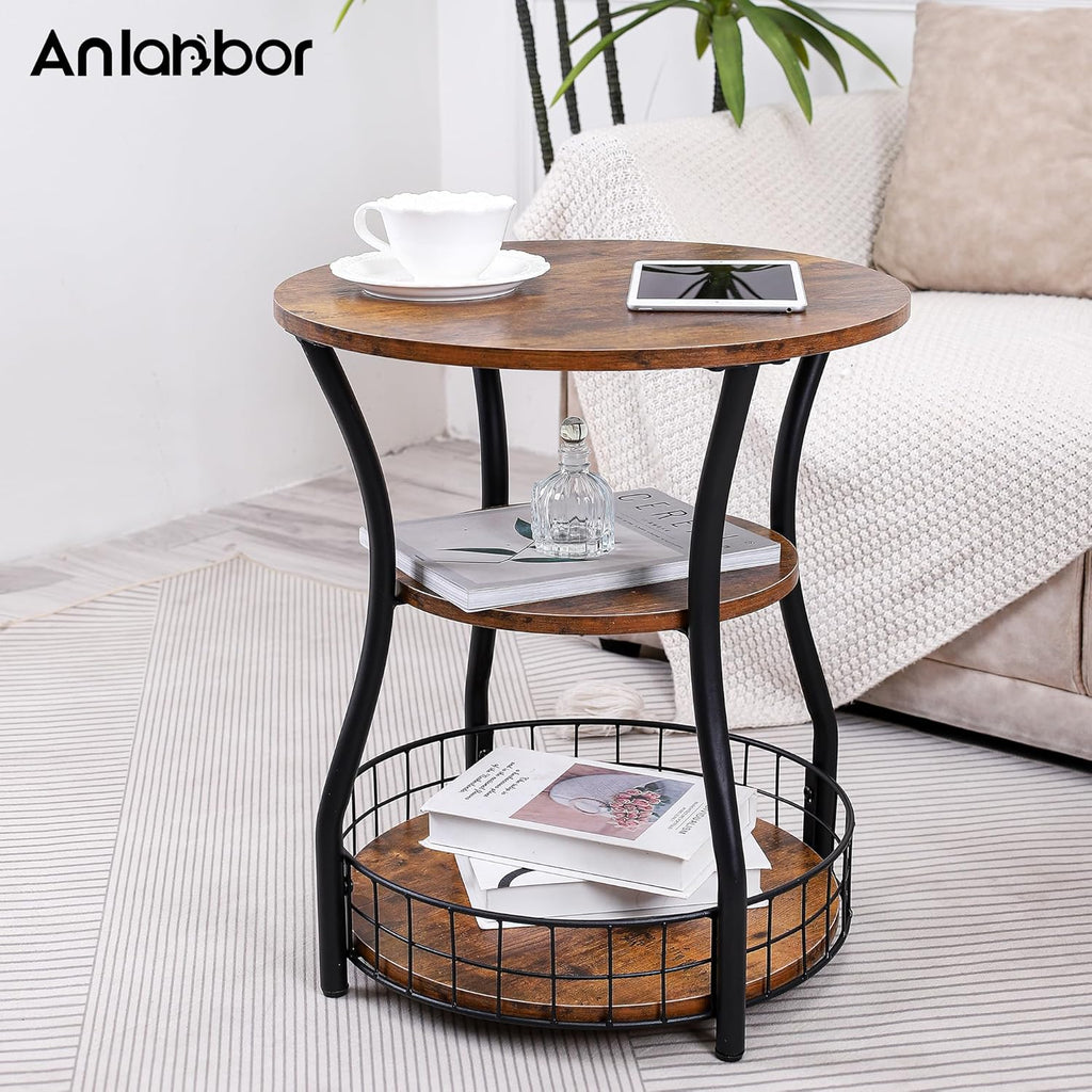 Round Side Table,3 Tier End Table with Storage Shelves for Living Room, Accent Sofa Couch Table for Small Spaces,Nightstand with Metal Frame for Bedroom, Rustic Brown - 19.7"