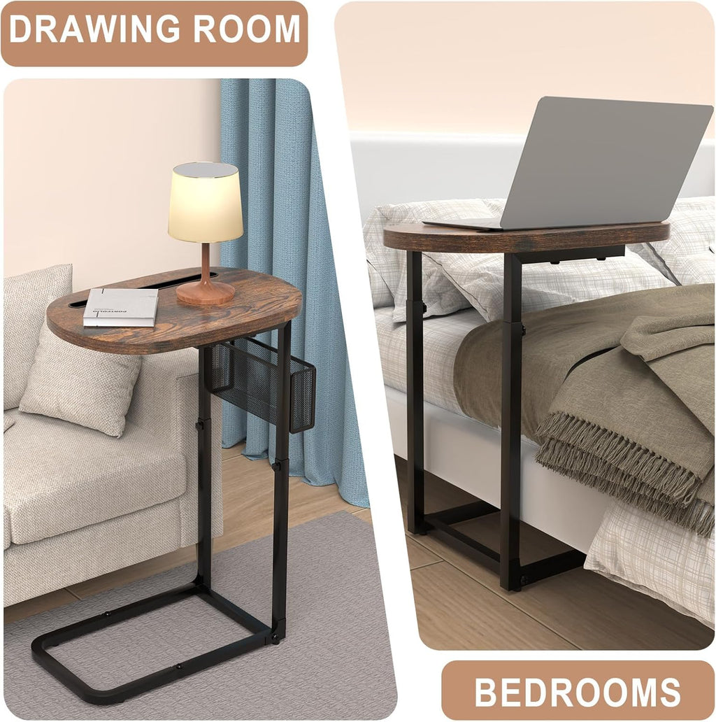 Couch Side Table with Large Tabletop, Tv Tray Table Adjustable Height with Storage Baskets, Strong and Stable Metal Frame, for Sofa, Bedside, TV Watching, Meals, Snacks, and Laptop Use