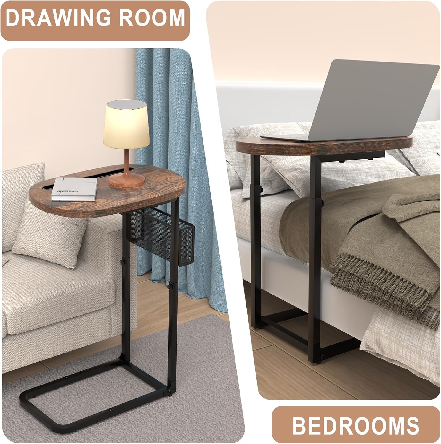 Couch Side Table with Large Tabletop, Tv Tray Table Adjustable Height with Storage Baskets, Strong and Stable Metal Frame, for Sofa, Bedside, TV Watching, Meals, Snacks, and Laptop Use